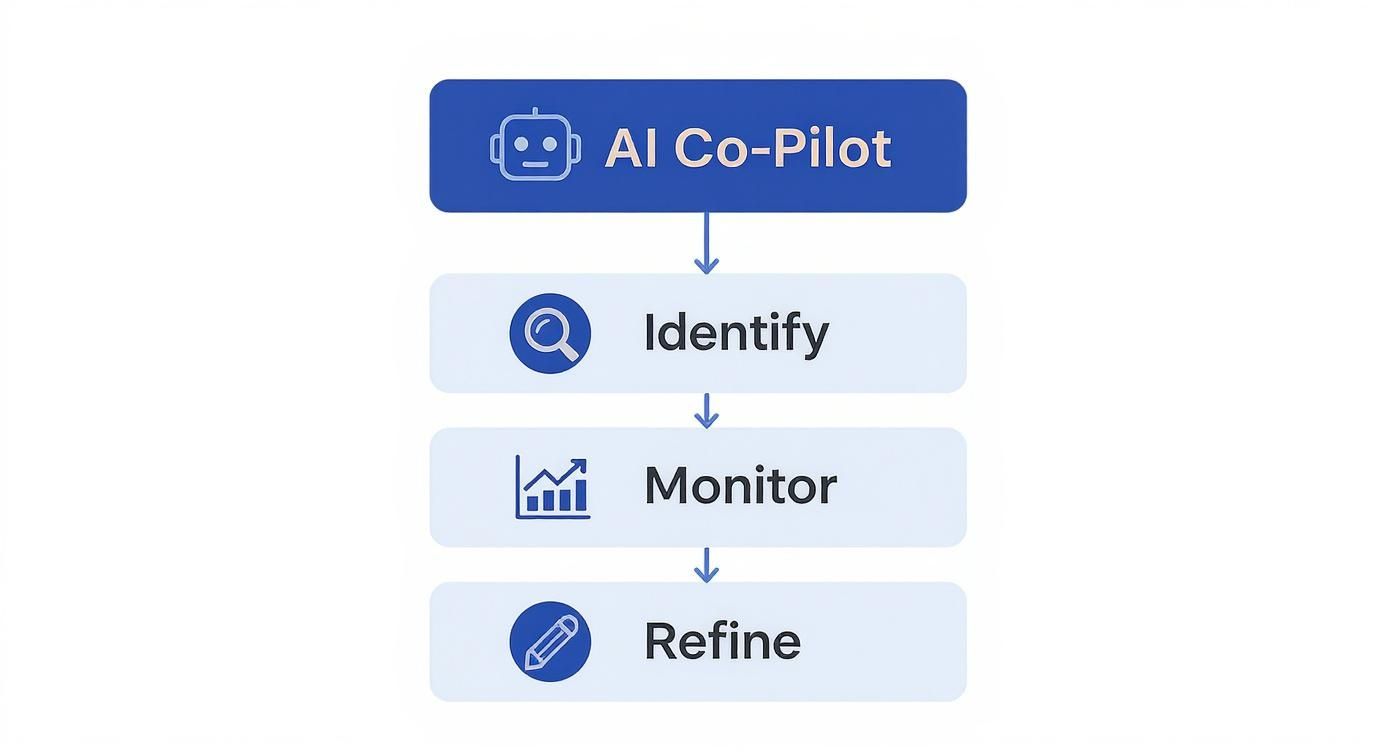 AI Co-Pilot workflow diagram showing four sequential steps: Identify, Monitor, and Refine processes