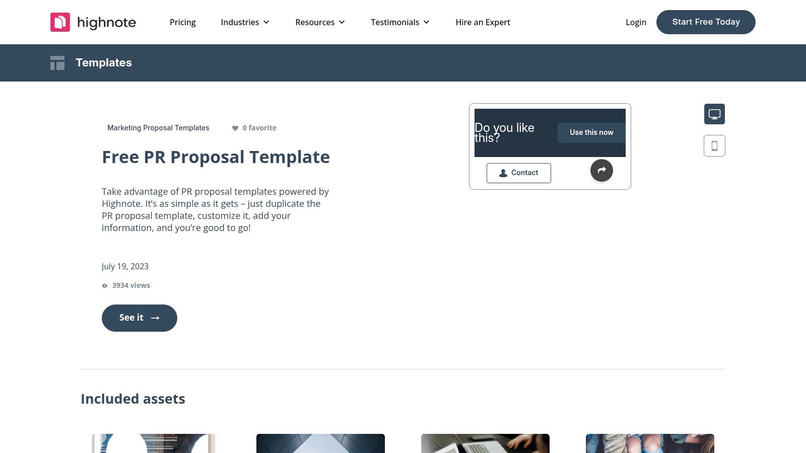 Highnote PR proposal template showing sections for goals, strategy, and implementation.