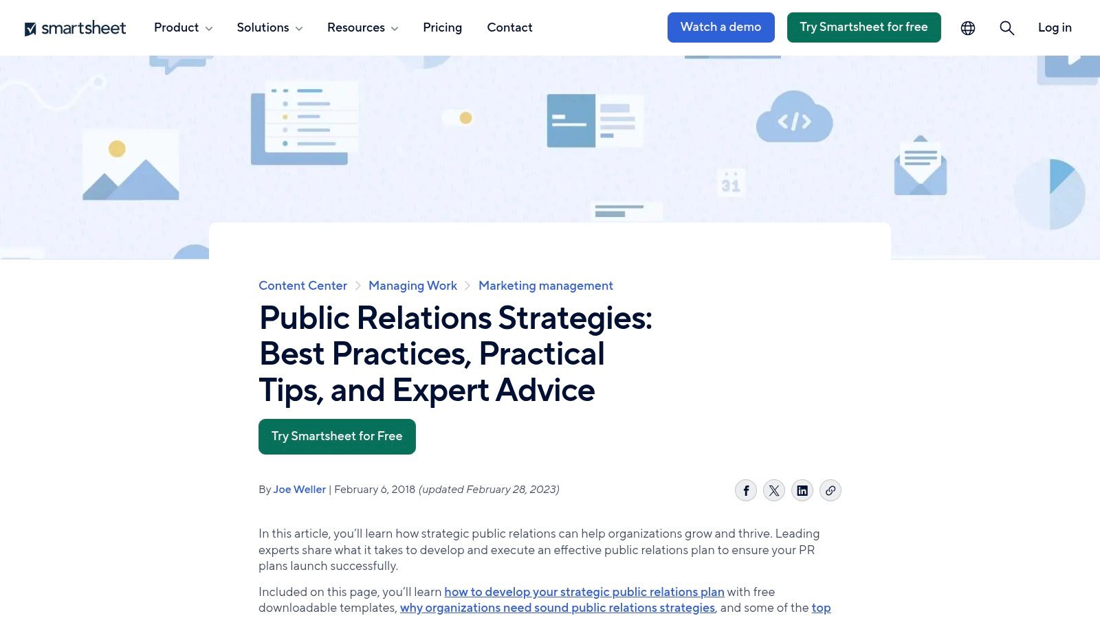 Smartsheet PR Plan Template showing a project timeline and task breakdown in a spreadsheet format.