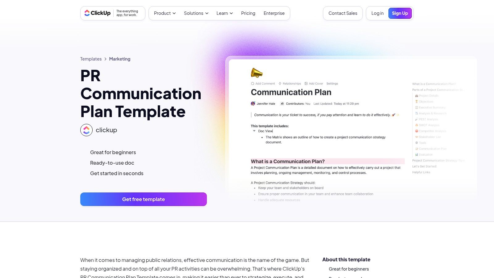ClickUp PR Plan Template showing tasks, assignees, and a calendar view.