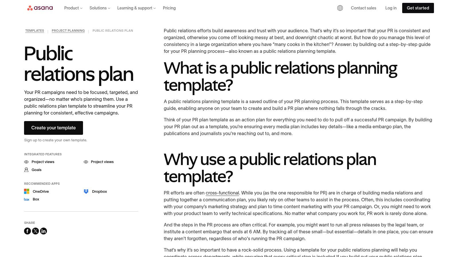 Asana PR Plan Template showing tasks, assignees, and due dates in a list view.