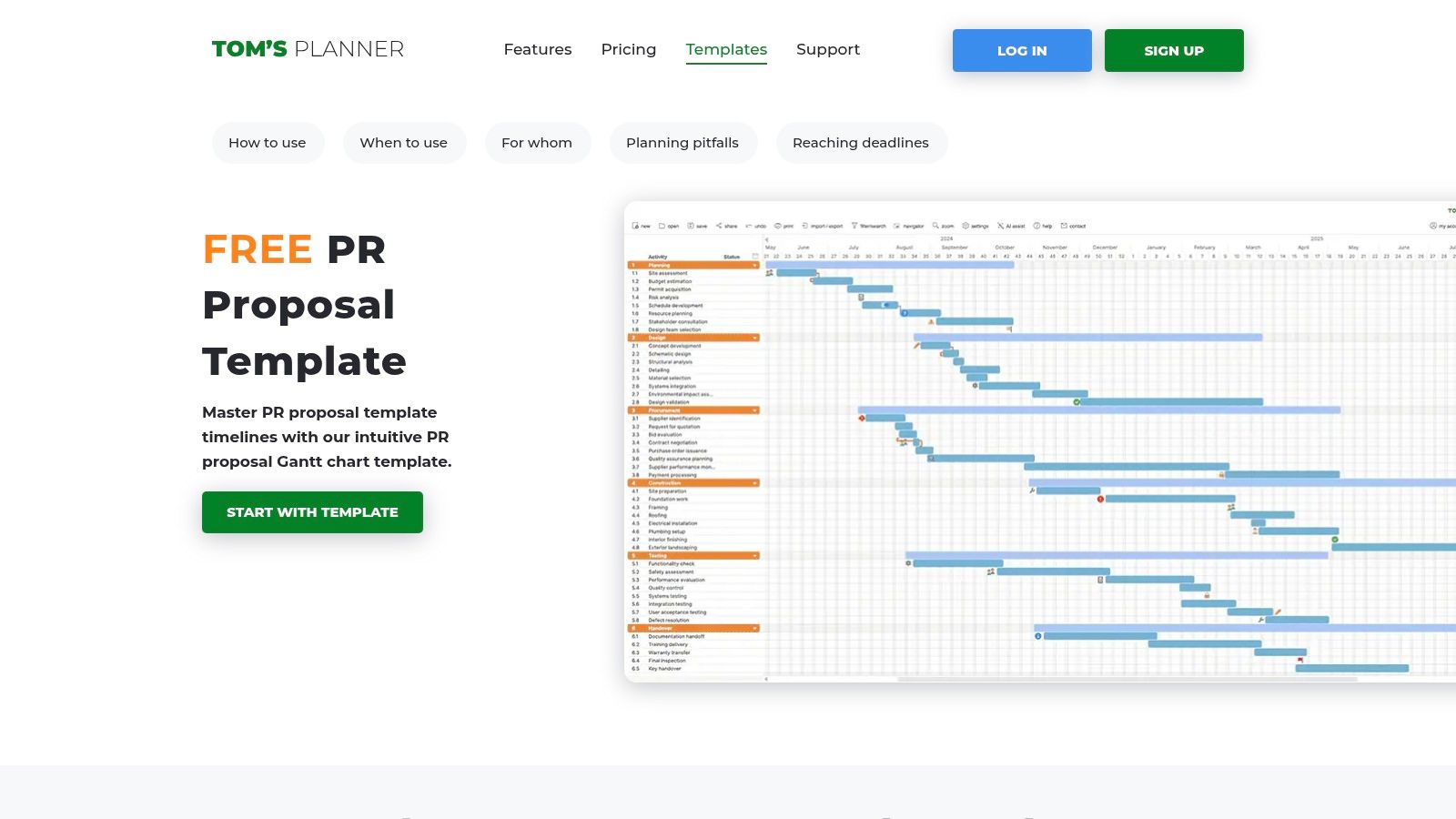 Tom's Planner PR Gantt Chart showing a visual timeline for PR activities.
