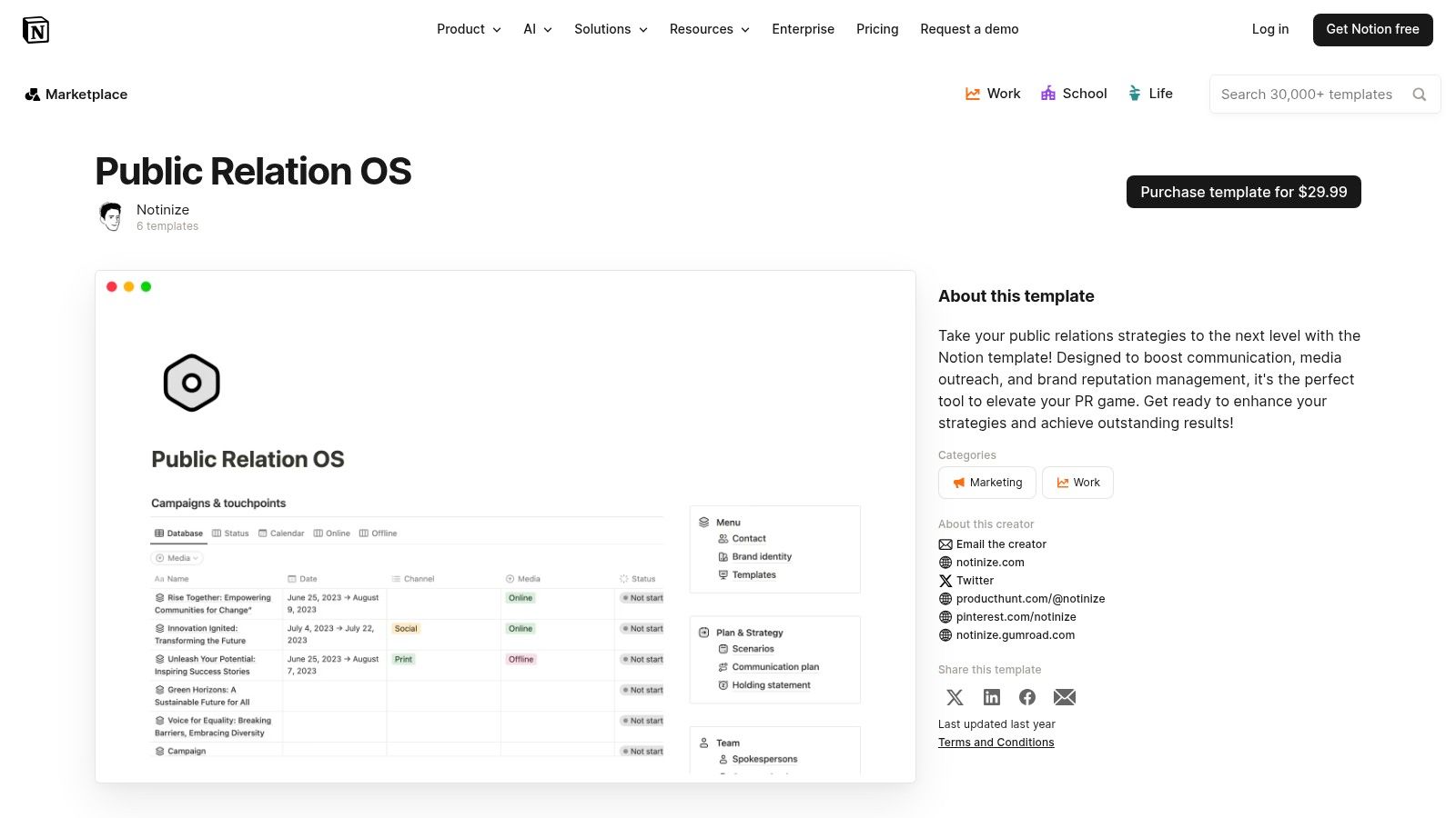 Notion Template Marketplace (Public Relation OS) showing a dashboard with sections for media lists, campaigns, and press releases.
