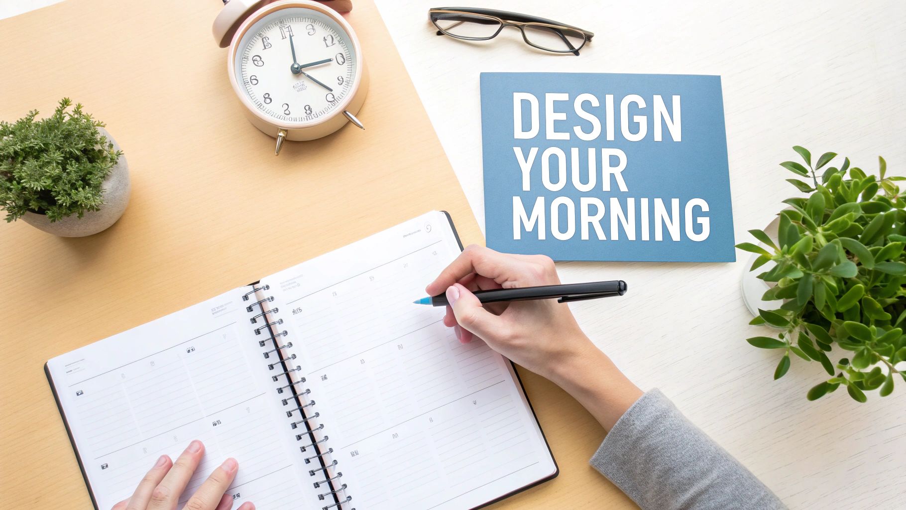 A person journaling with a cup of coffee nearby, with soft morning light filling the room.