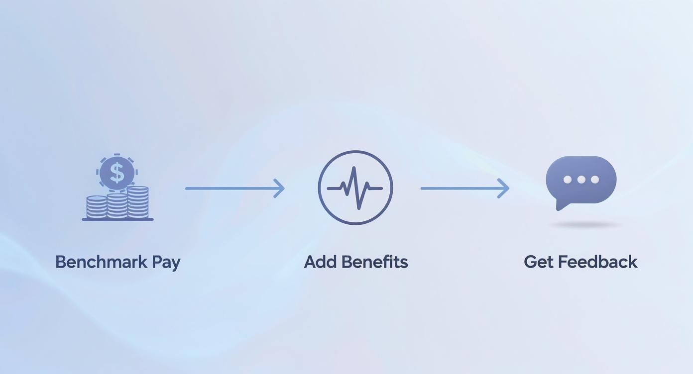 Three-step employee retention process showing benchmark pay, add benefits, and get feedback with icons