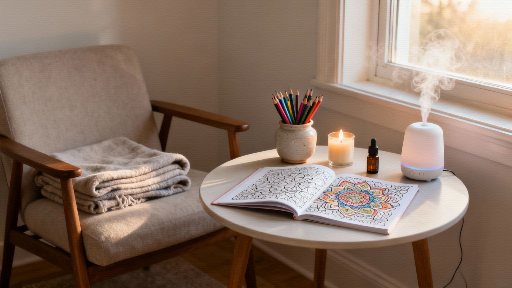 A cozy corner for relaxation featuring an adult coloring book, pencils, candle, and diffuser.