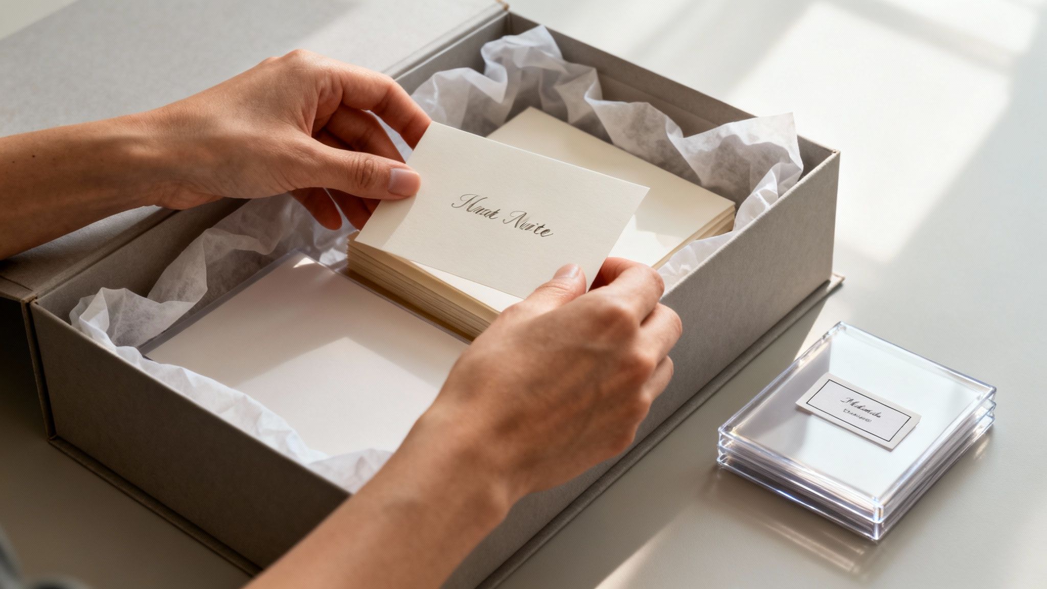 A person's hands holding a custom note card from a box of personalized stationery.