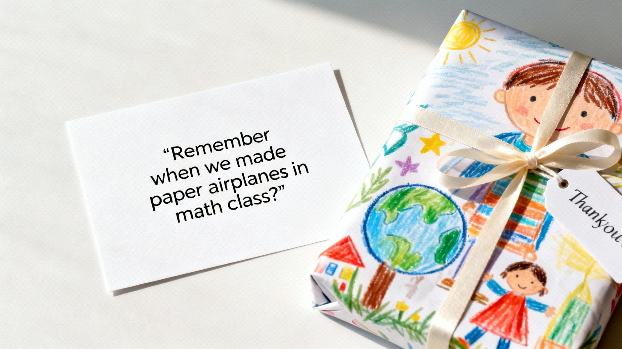 A white card with a quote about math class and a colorful gift wrapped with a “Thank you” tag.