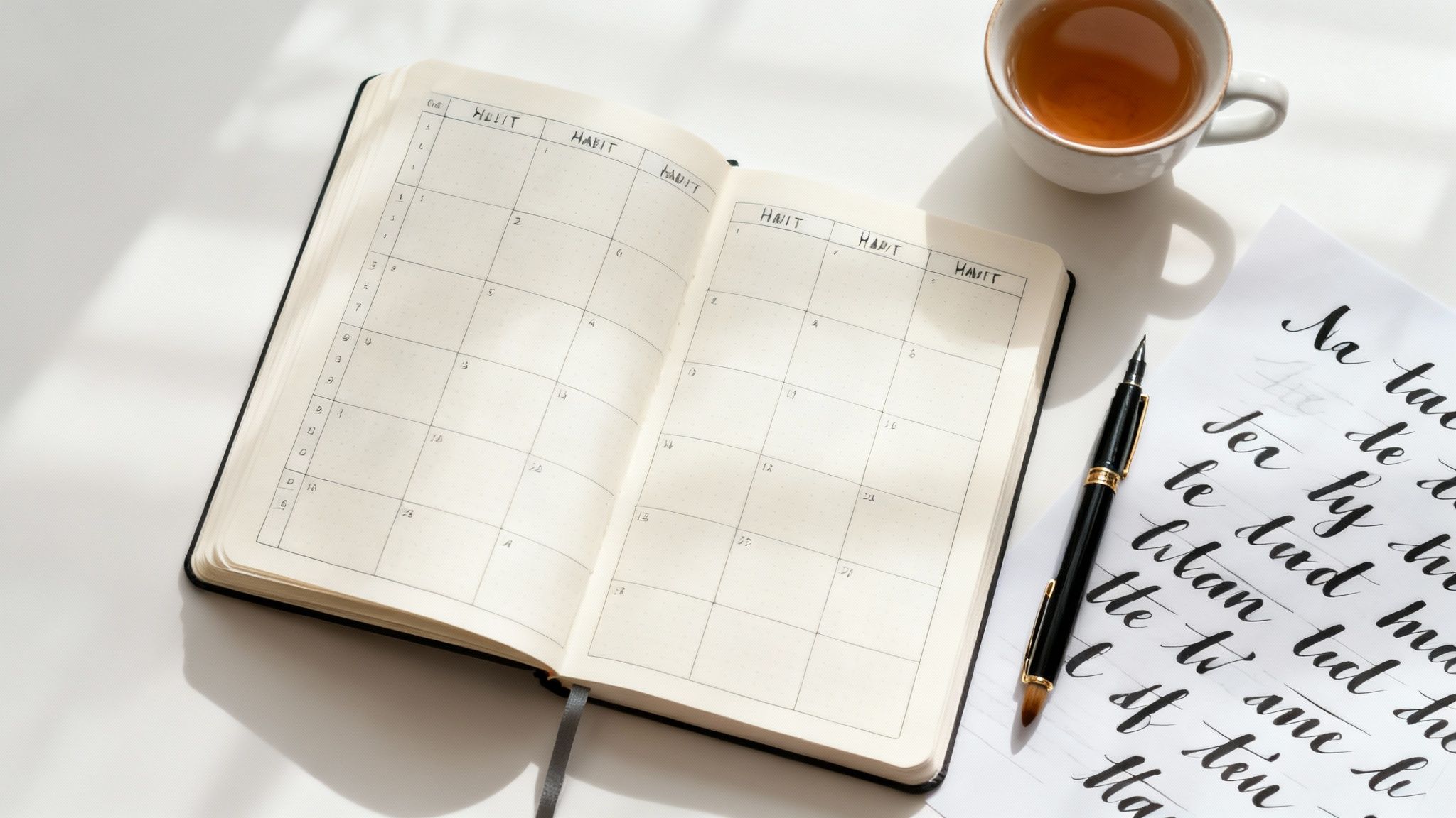 An open habit tracker bullet journal, a pen, a cup of tea, and calligraphy practice sheet on a white desk.