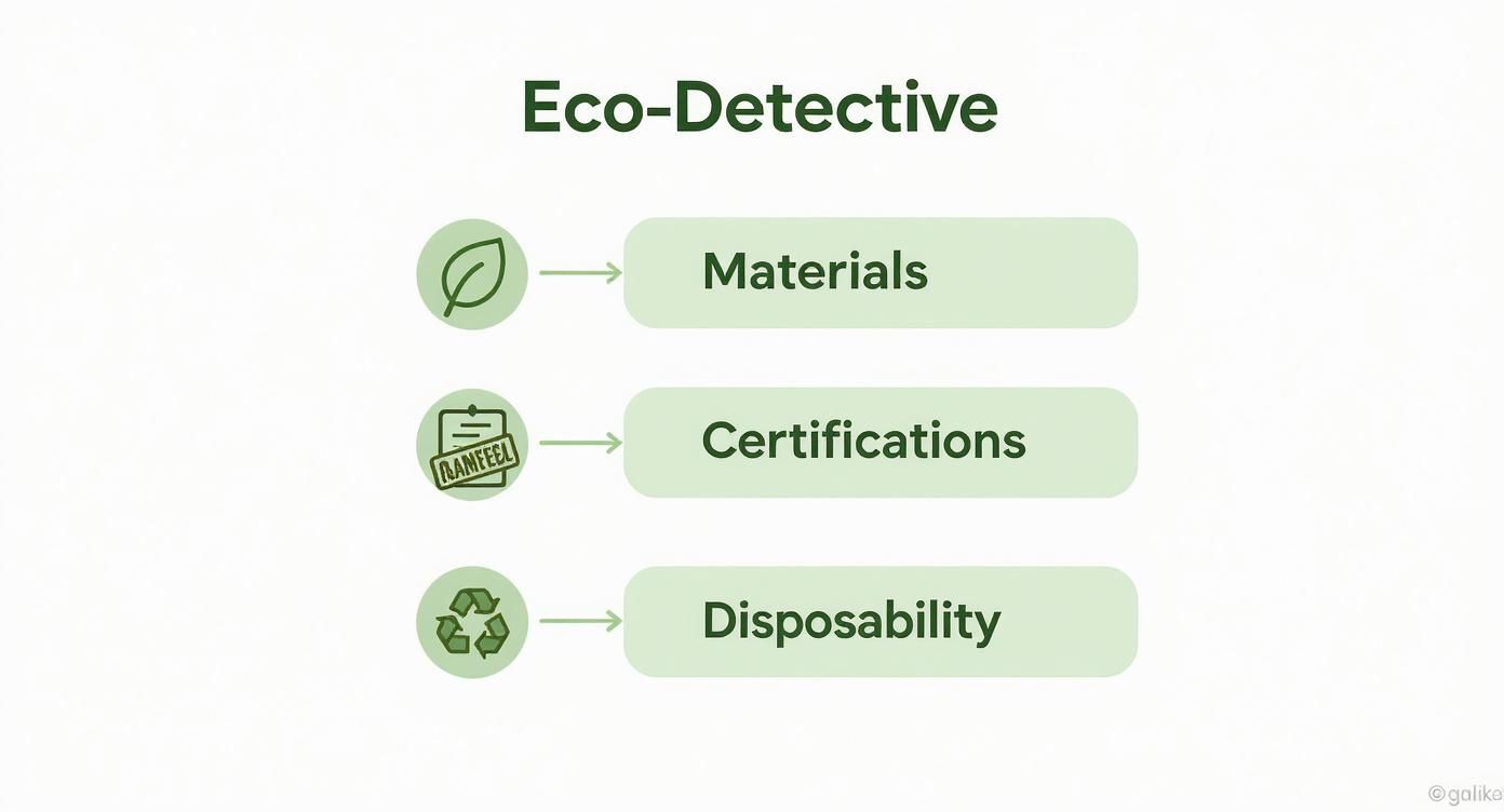 An infographic titled 'Eco-Detective' outlines three categories: Materials, Certifications, and Disposability.