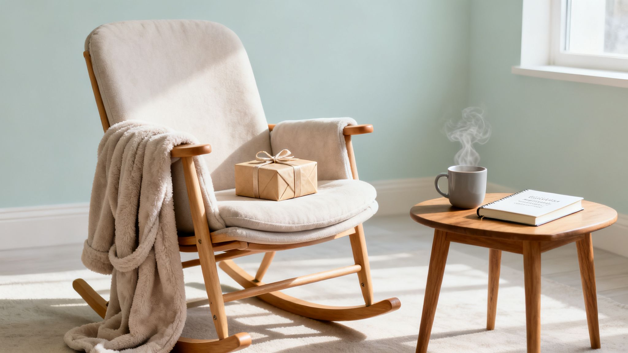 A comfy rocking chair with a gift and blanket, next to a table with coffee and a notebook.