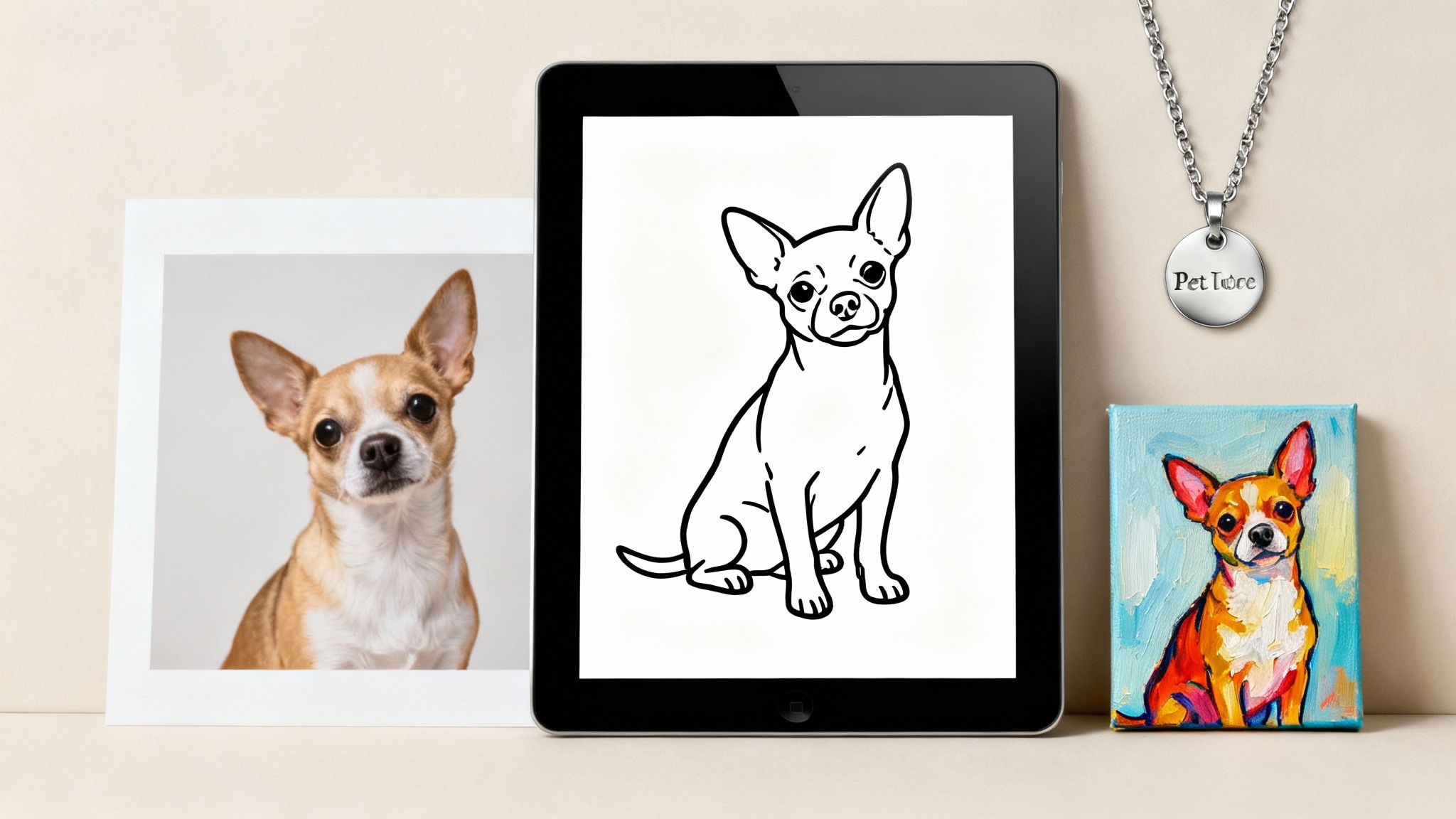 Various Chihuahua dog themed gifts including a photo, tablet art, painting, and Pet Lore necklace.