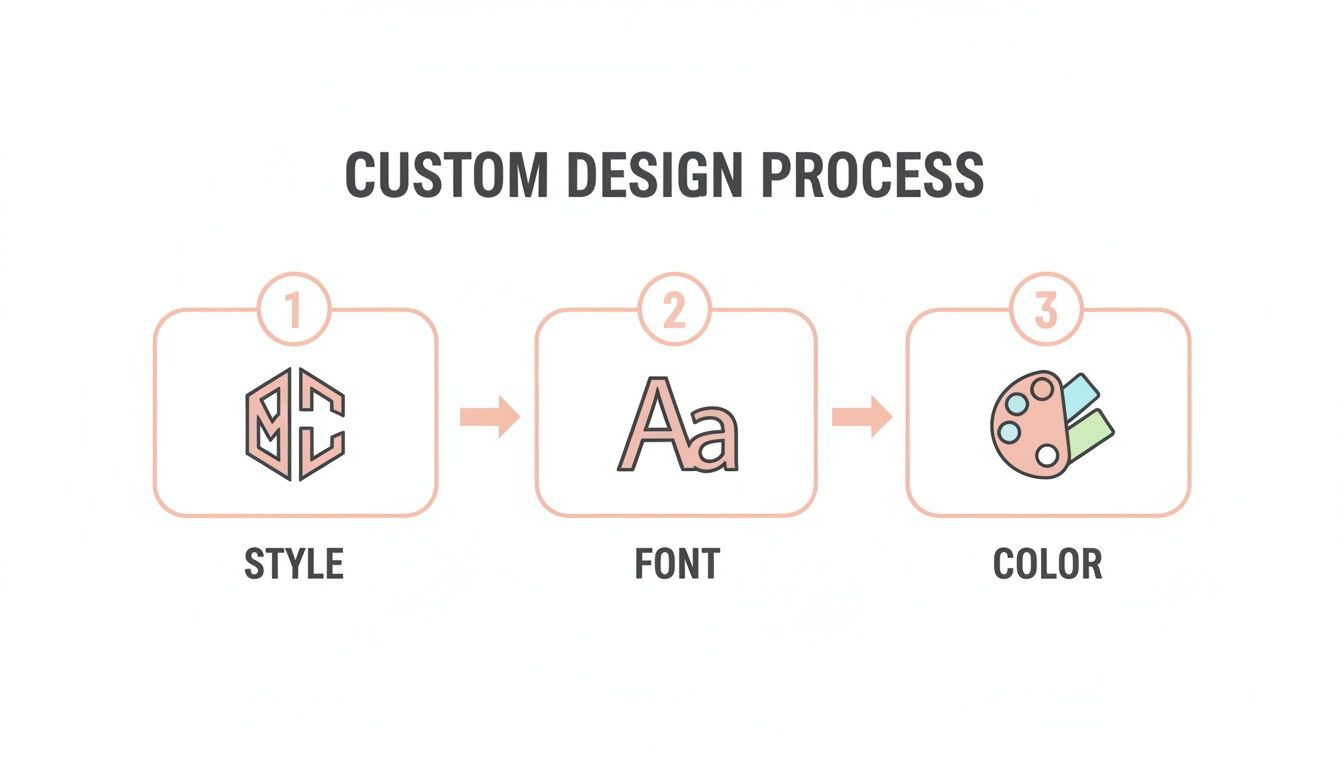 A three-step custom design process showing icons for style, font, and color selection.