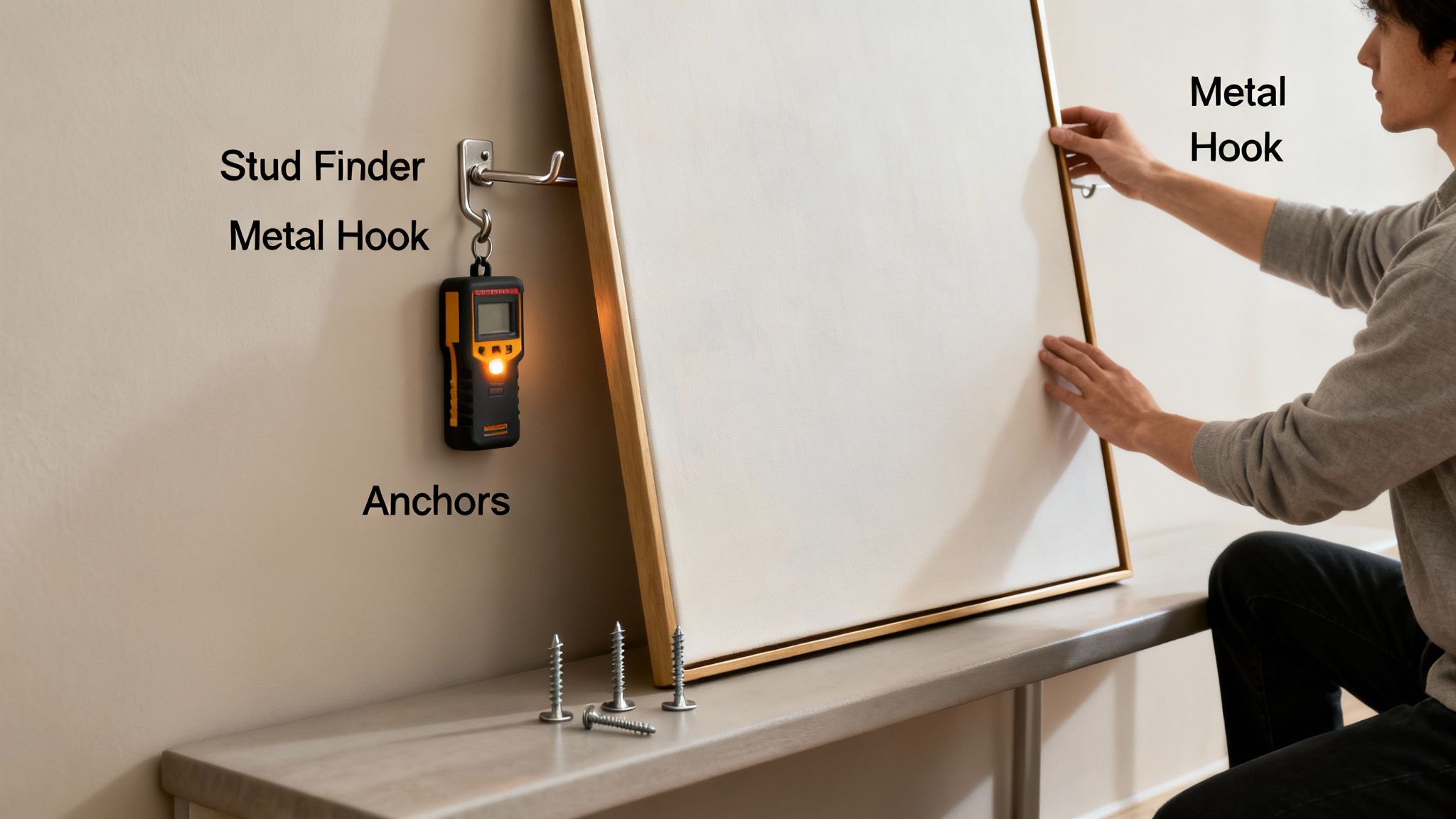 A person carefully hanging a large framed picture on a wall, with a stud finder and anchors visible.