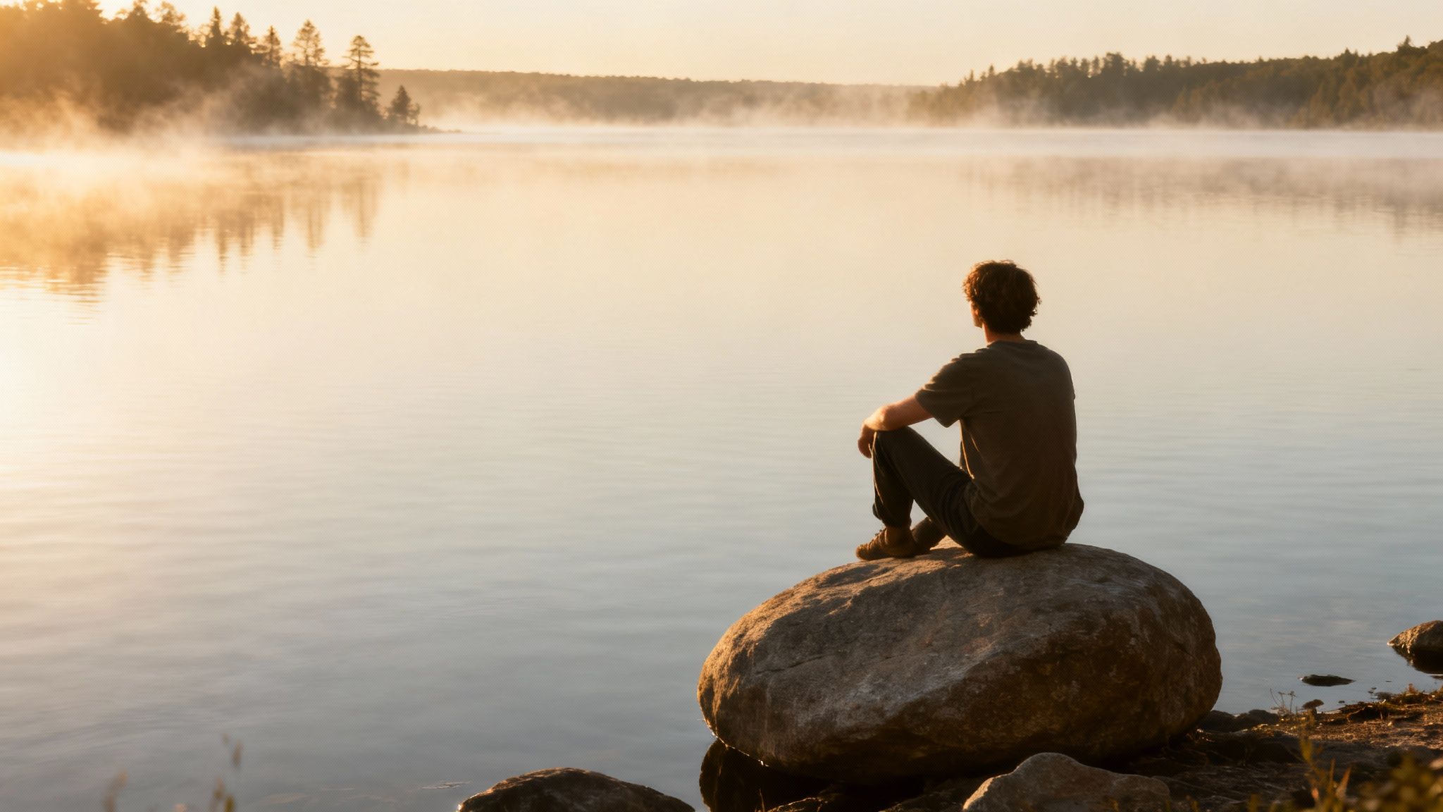A person sits on a rock by a serene, misty lake at golden hour, contemplating.