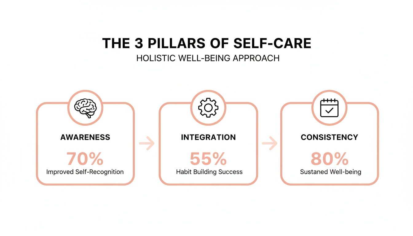 Diagram illustrating the 3 pillars of self-care: Awareness, Integration, and Consistency, with associated percentages and icons.