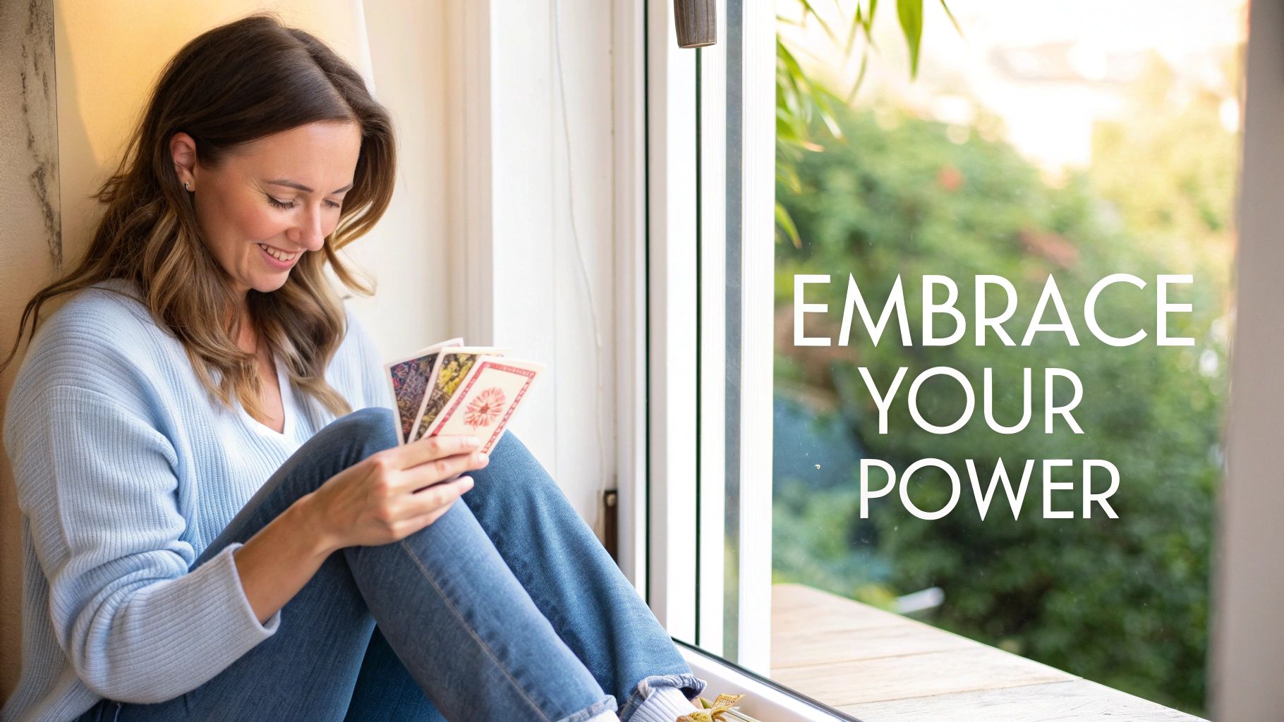 A woman holding an affirmation card that reads "I am enough" in a calm, well-lit room.