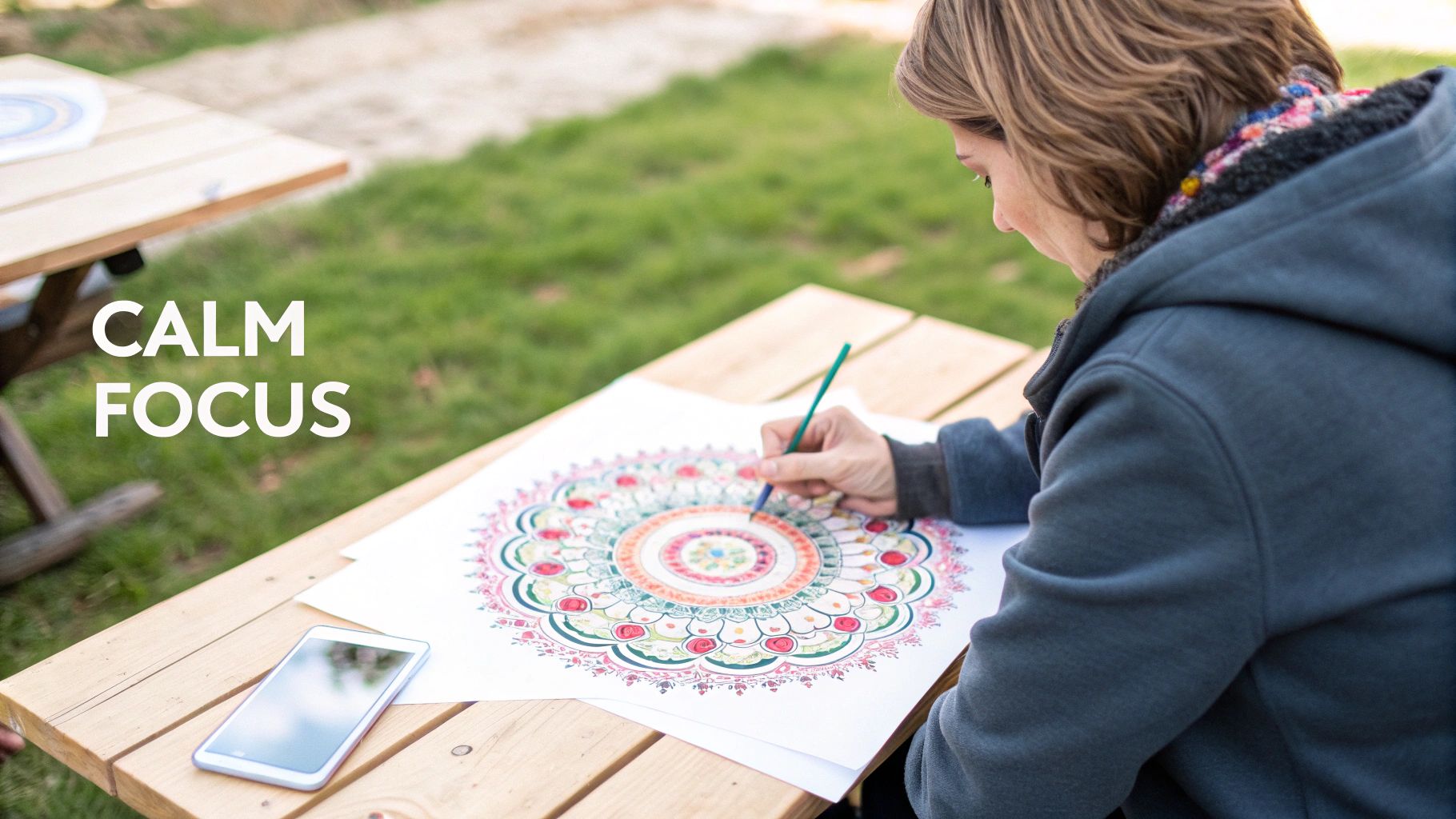 Woman smiling while coloring in a coloring book for relaxation at a wooden table.