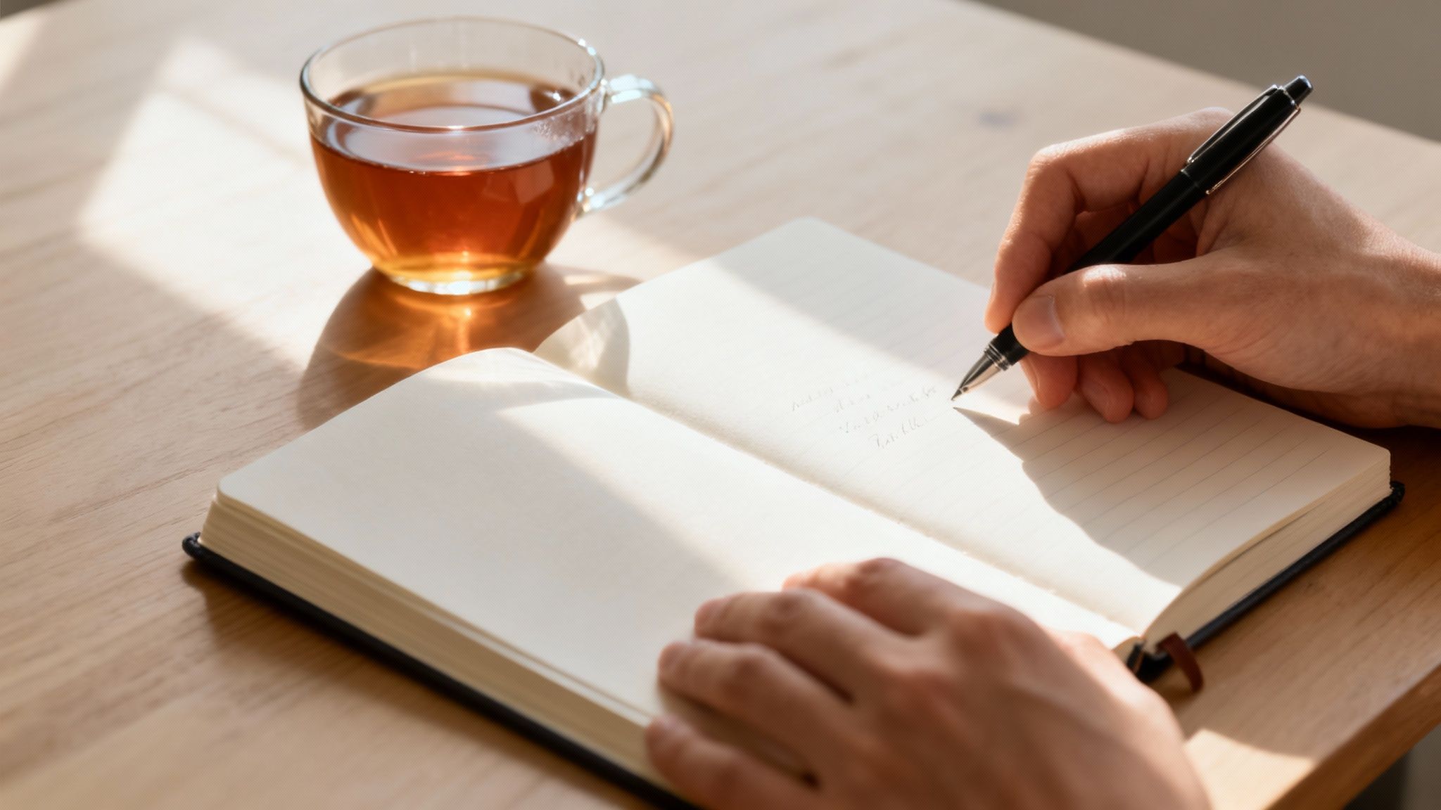 Hands writing in a notebook next to a warm cup of tea on a sunny wooden desk.