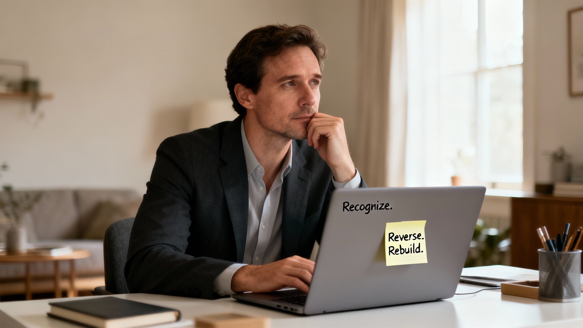 A pensive businessman sits at his desk, looking away from his laptop displaying 'Recognize. Reverse. Rebuild.'