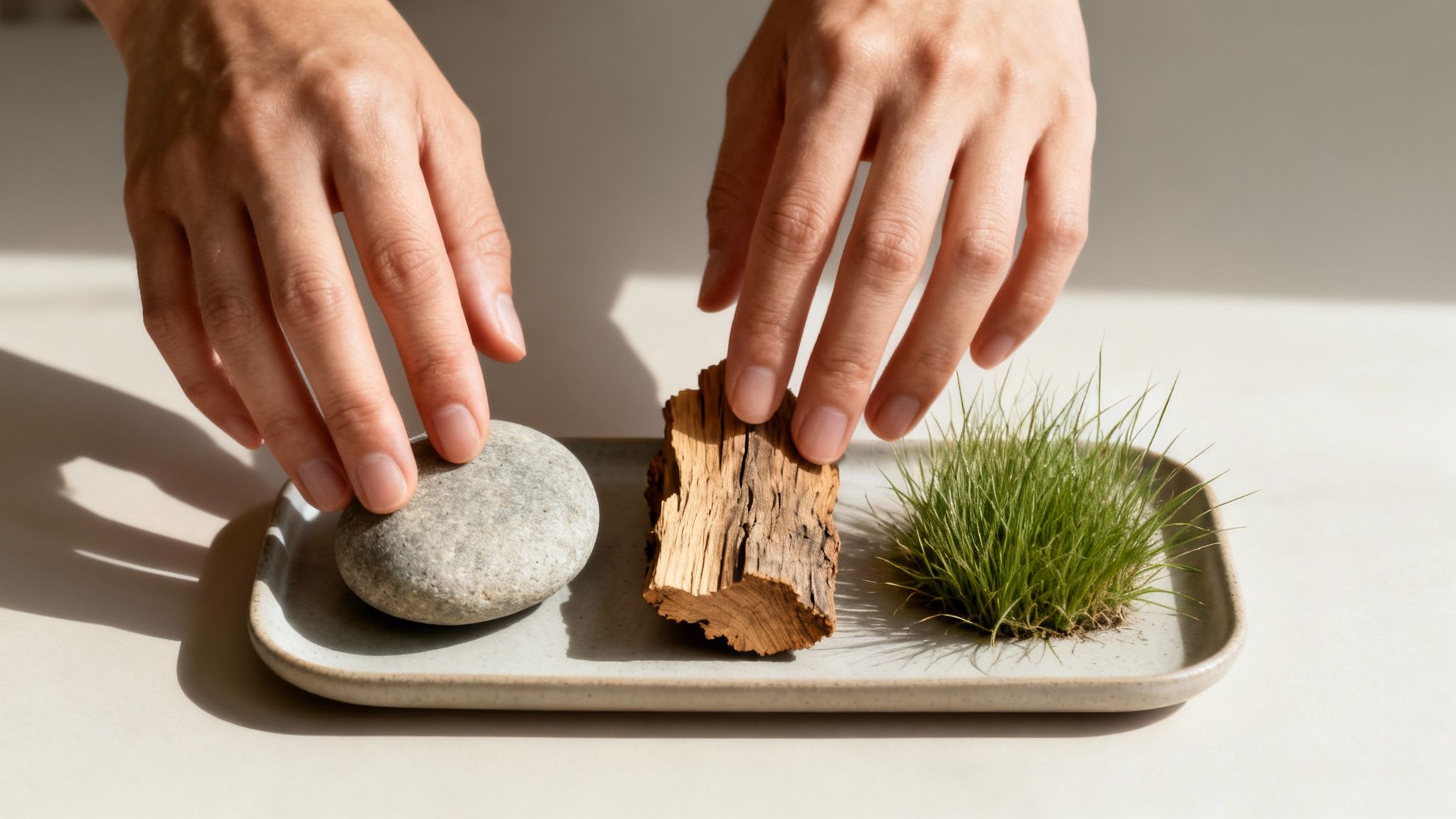 Hands arranging natural elements: smooth stone, wood bark, and green grass on a tray.
