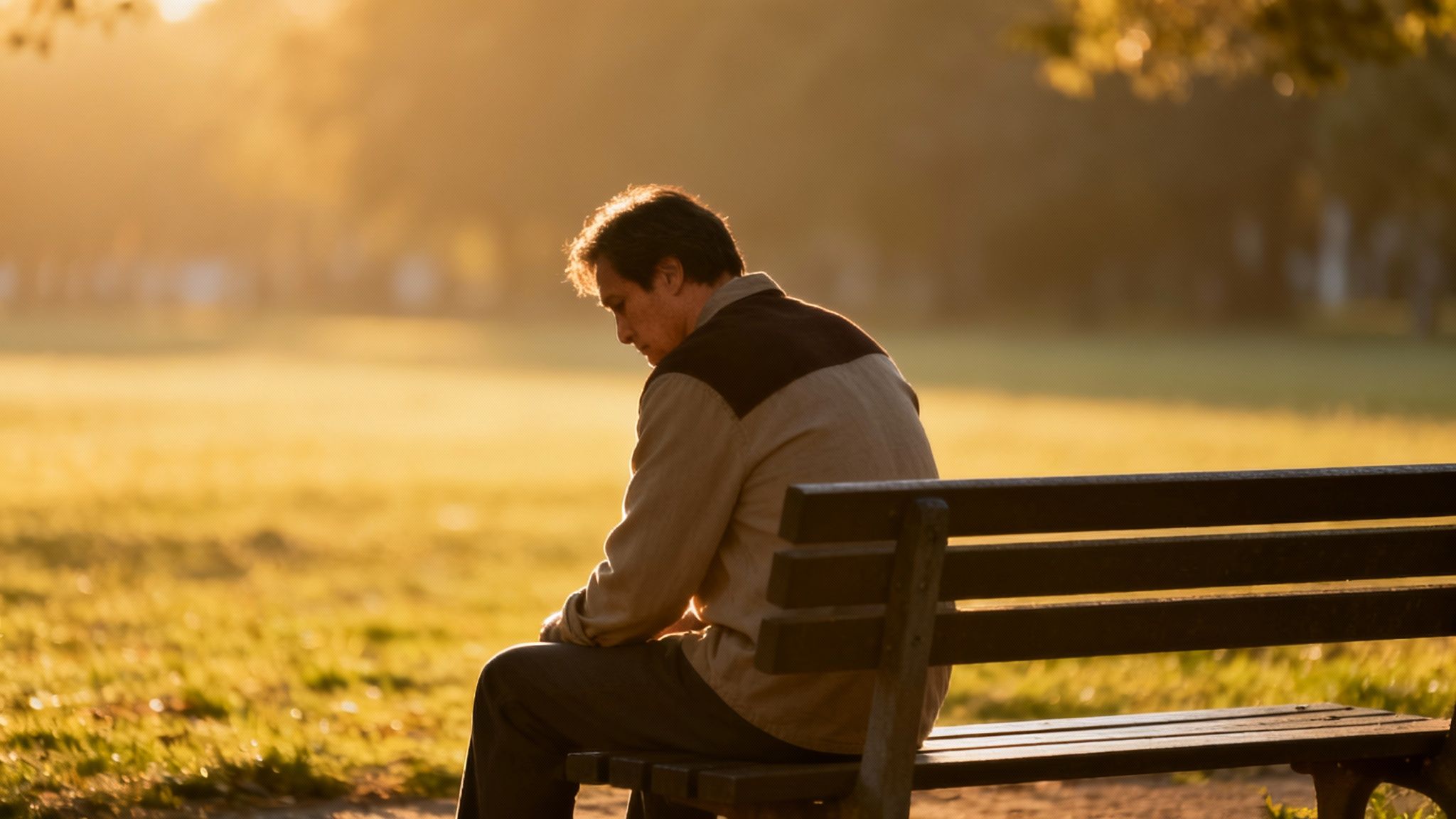 A man sits alone on a park bench, head bowed, bathed in golden light, appearing reflective or melancholic.