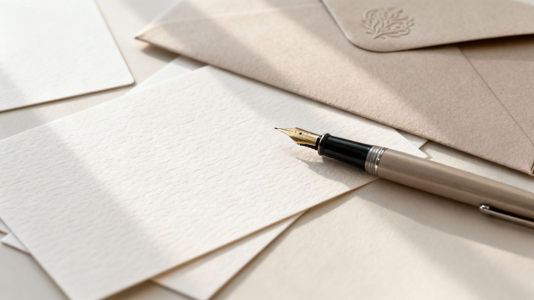 Elegant stationery with a fountain pen, textured notecards, and an embossed envelope.