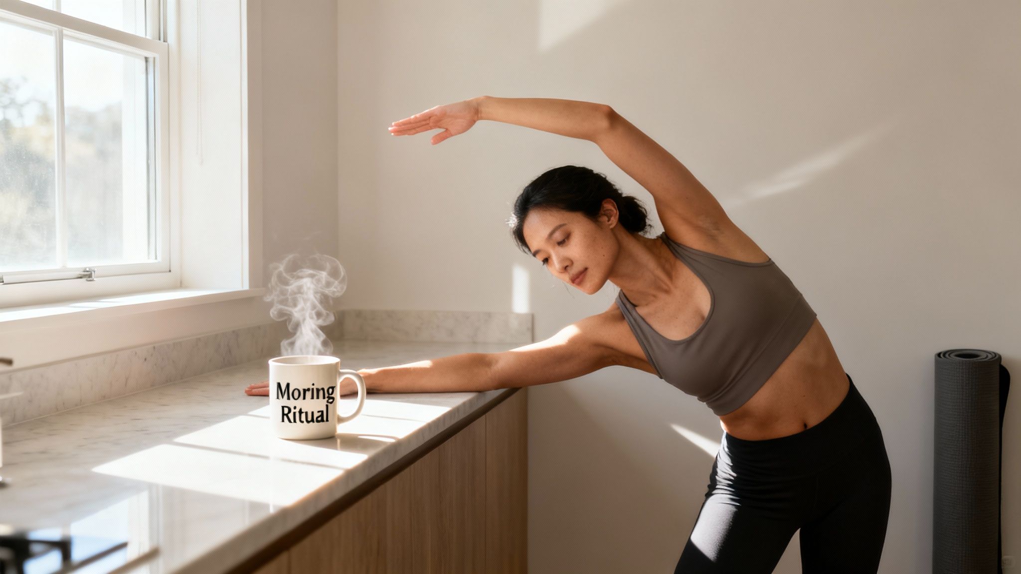 A woman in activewear stretches beside a steaming 'Morning Ritual' mug on a sunny counter.