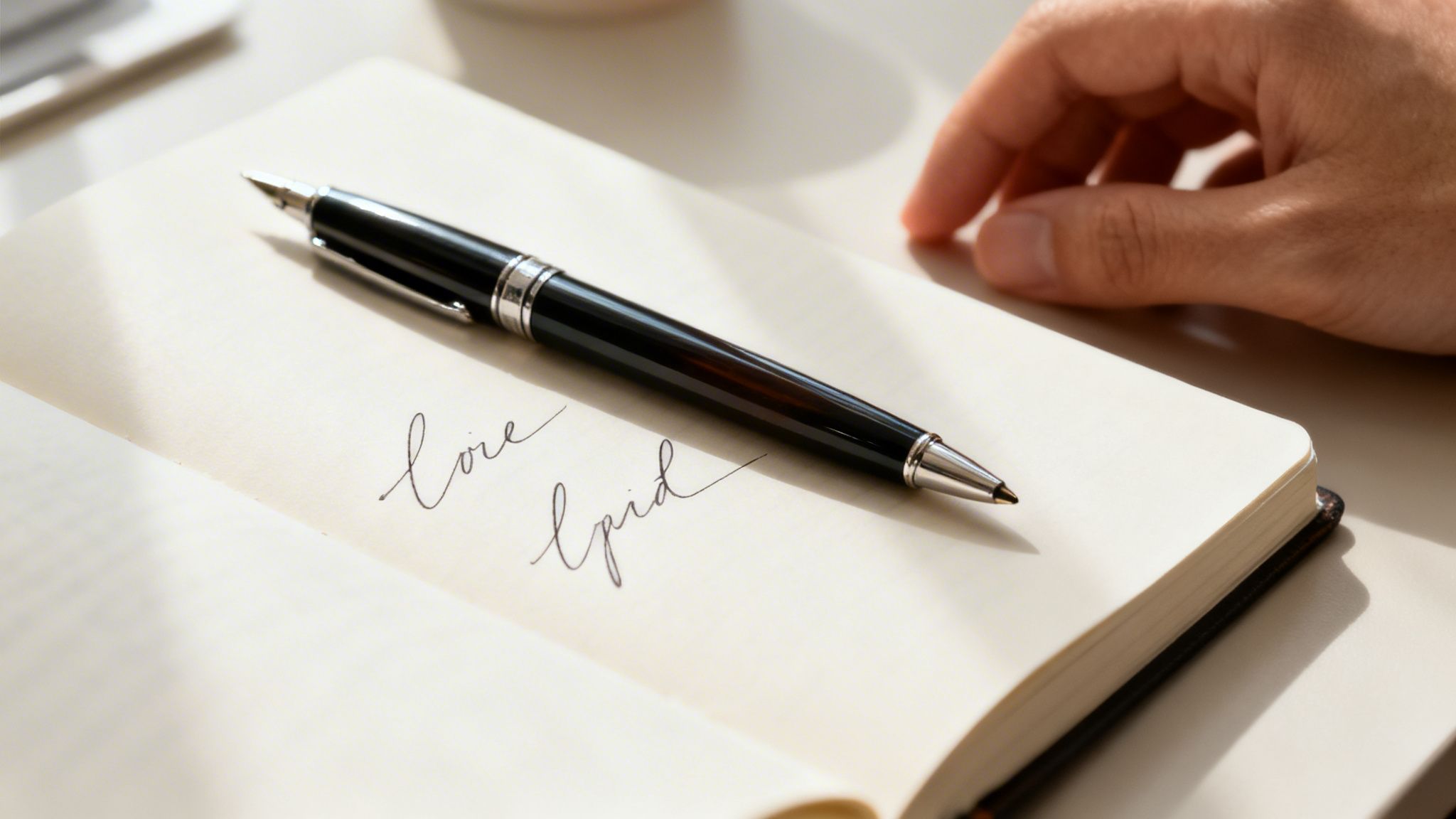 Close-up of a black and silver pen resting on an open notebook with cursive handwriting.