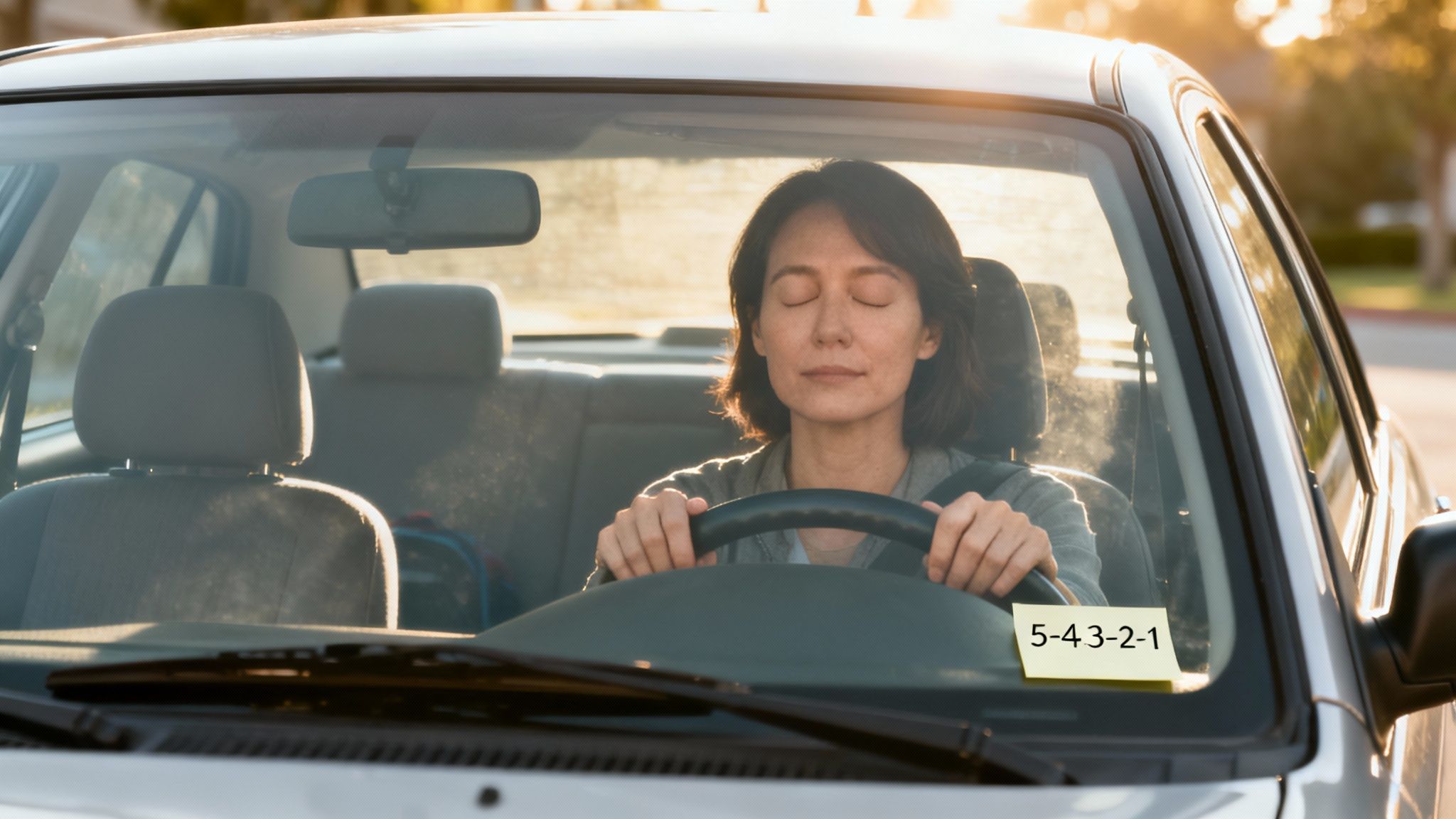 A woman with her eyes closed, appearing calm and focused while seated at the steering wheel of a car.