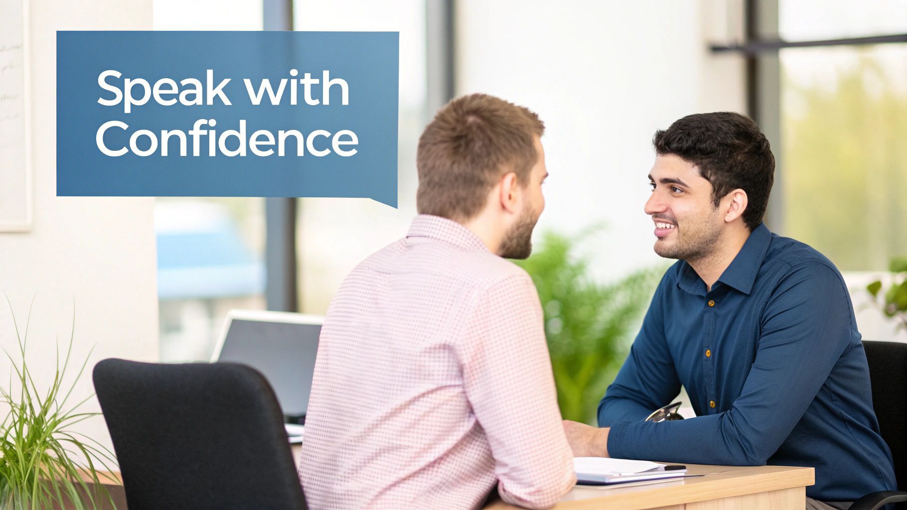 A person speaking confidently and calmly to another person in a sunlit, comfortable setting.