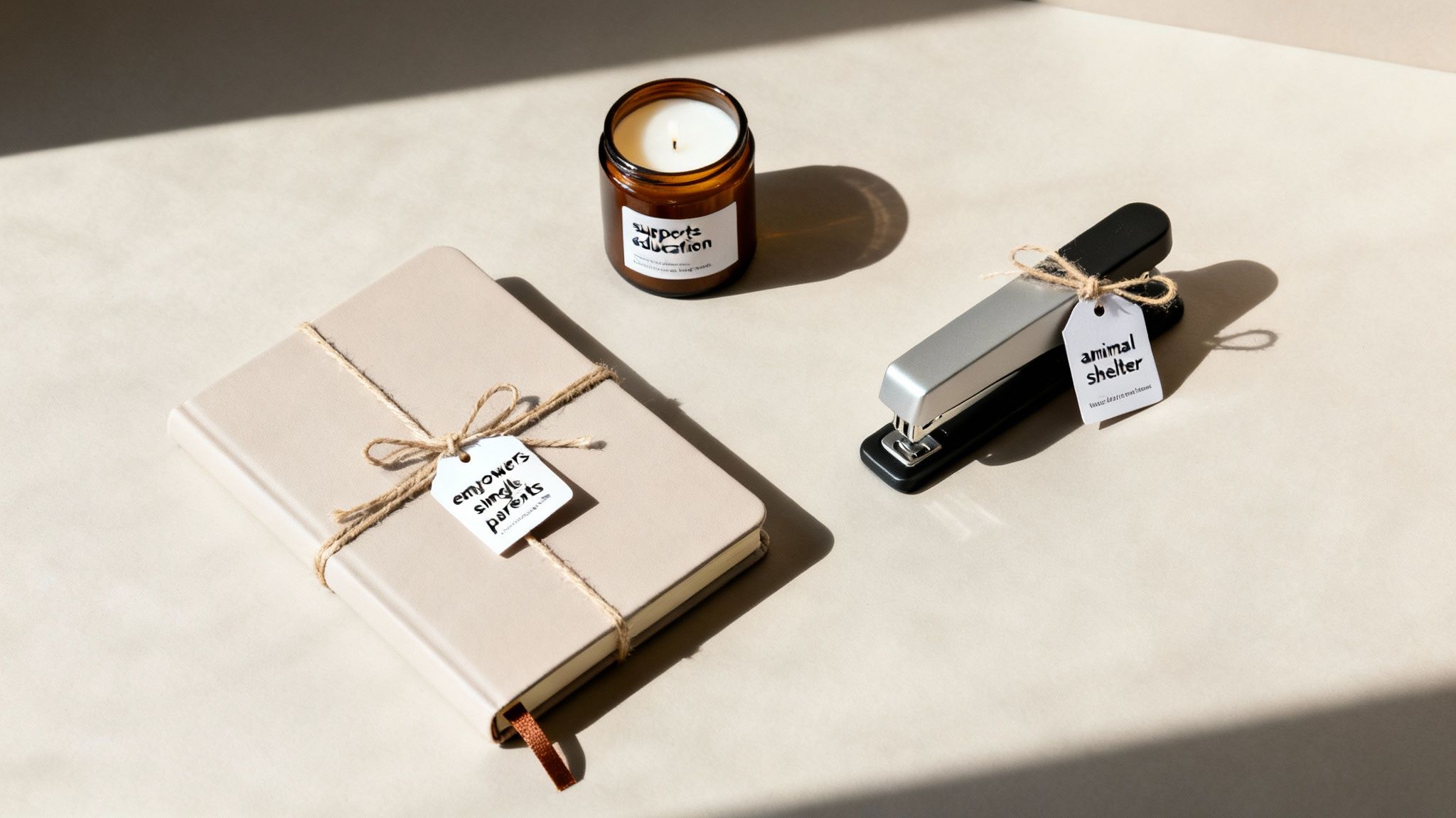 A flat lay of a notebook, candle, and stapler, each tagged with a charitable cause.