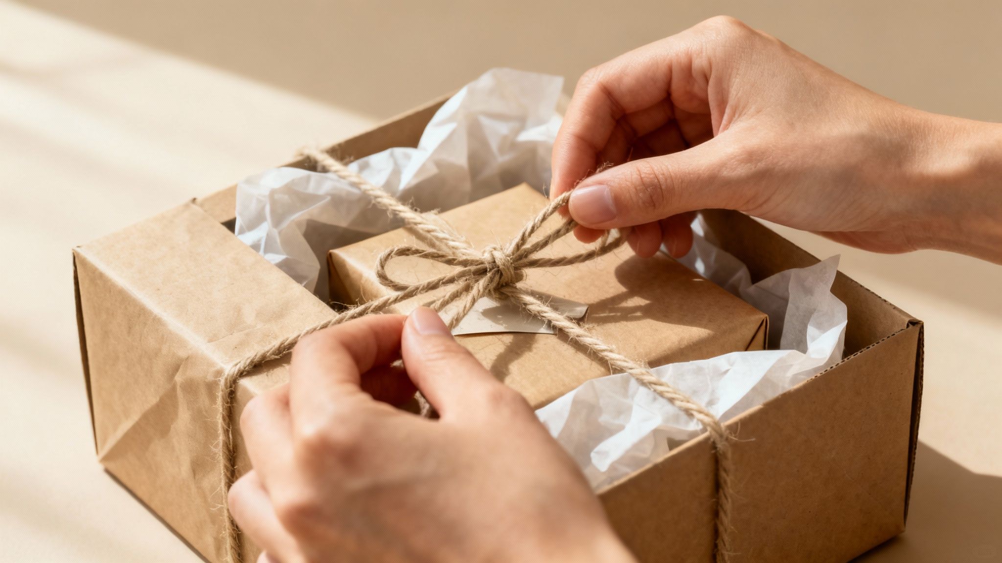 Hands carefully tying a rustic string bow on a small brown gift box placed inside a larger package with tissue paper.