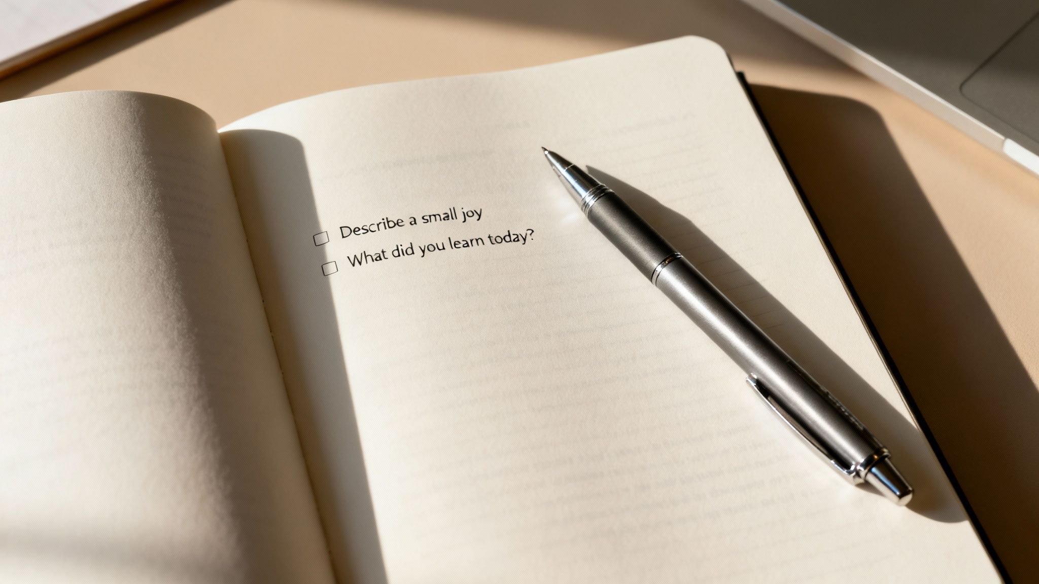 An open journal displays reflection prompts 'Describe a small joy' and 'What did you learn today?', with a pen resting on it.