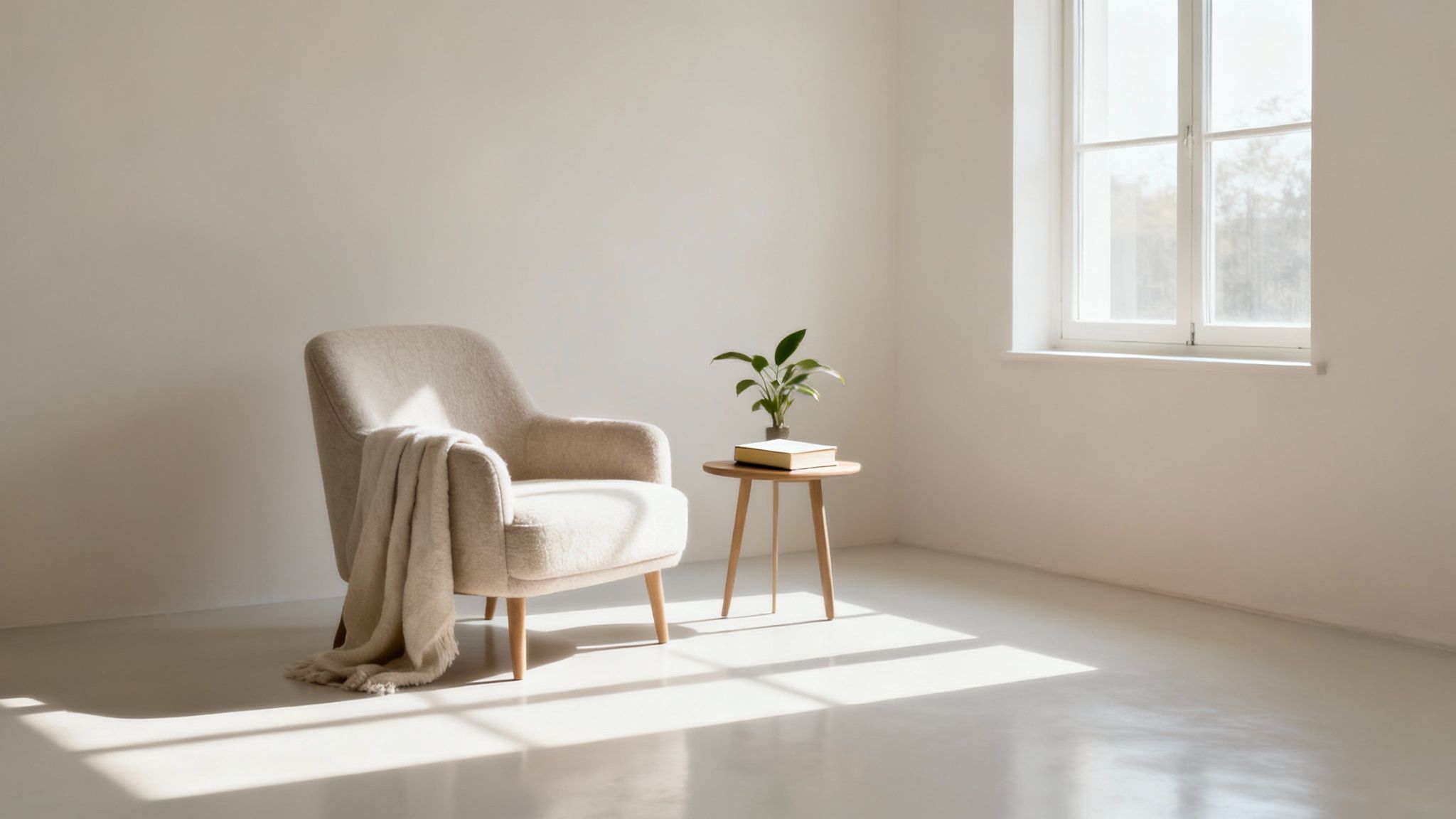 Minimalist room with beige armchair, small side table, plant and natural sunlight streaming through window