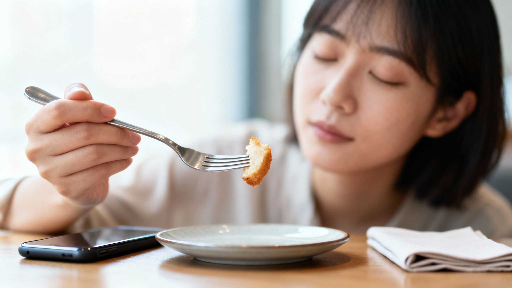 Young woman mindfully smelling food on a fork with closed eyes at a cafe.