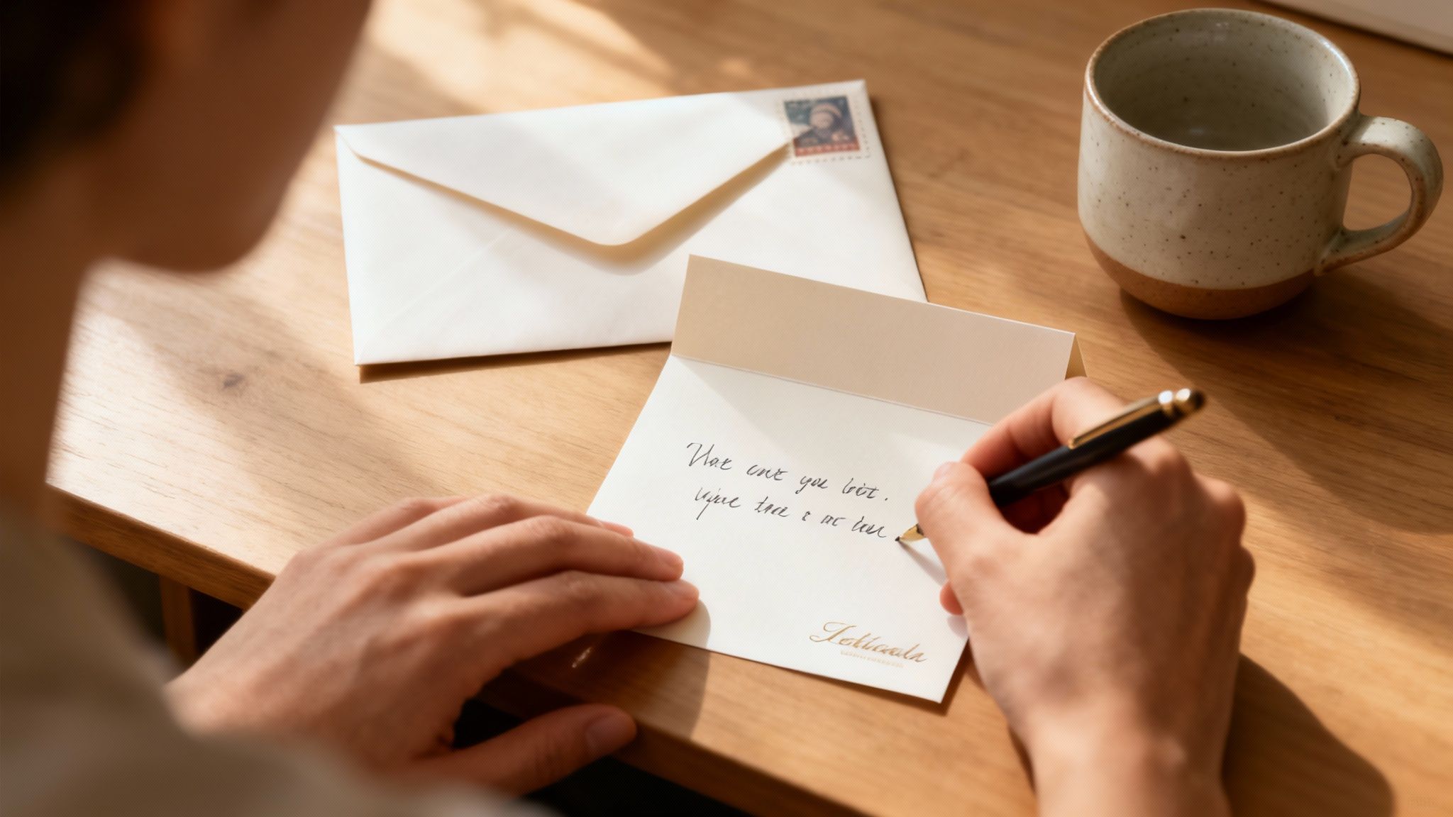 A person writing a handwritten letter on personalized stationery with an envelope and mug on a wooden desk.