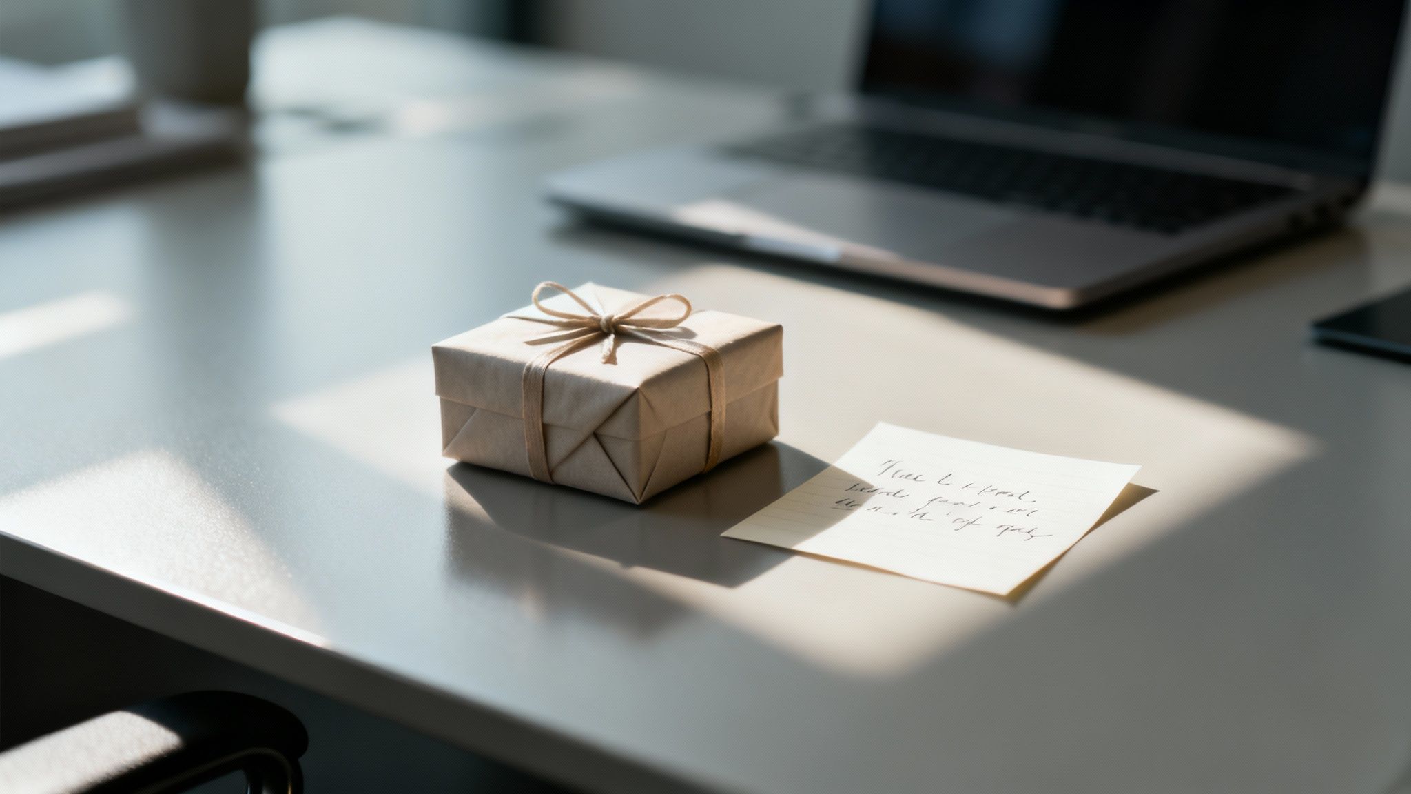 A small, simple brown paper gift box with a bow on a light desk next to a handwritten note.