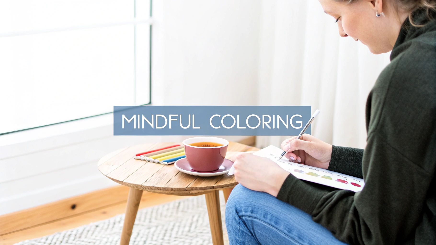 Woman smiling while coloring in a tranquil setting, demonstrating mindful coloring for relaxation.