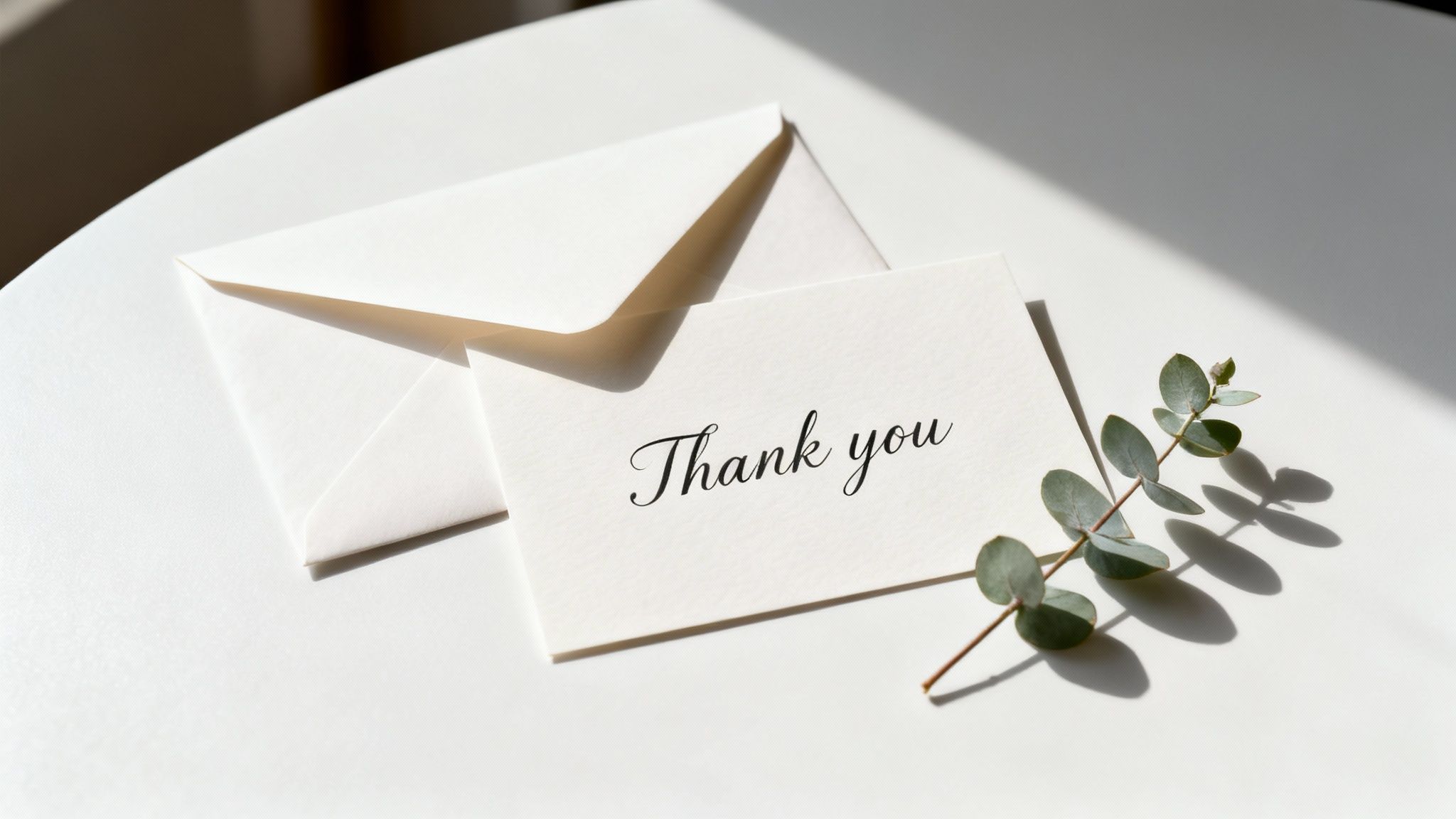 A 'Thank you' card and envelope with a eucalyptus branch on a white table, bathed in sunlight.