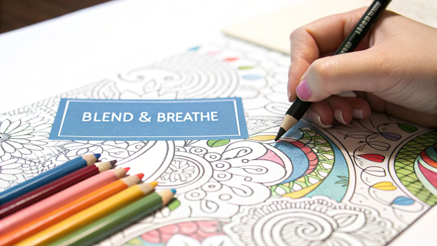 A person using blending and shading techniques with colored pencils on a detailed coloring book page.