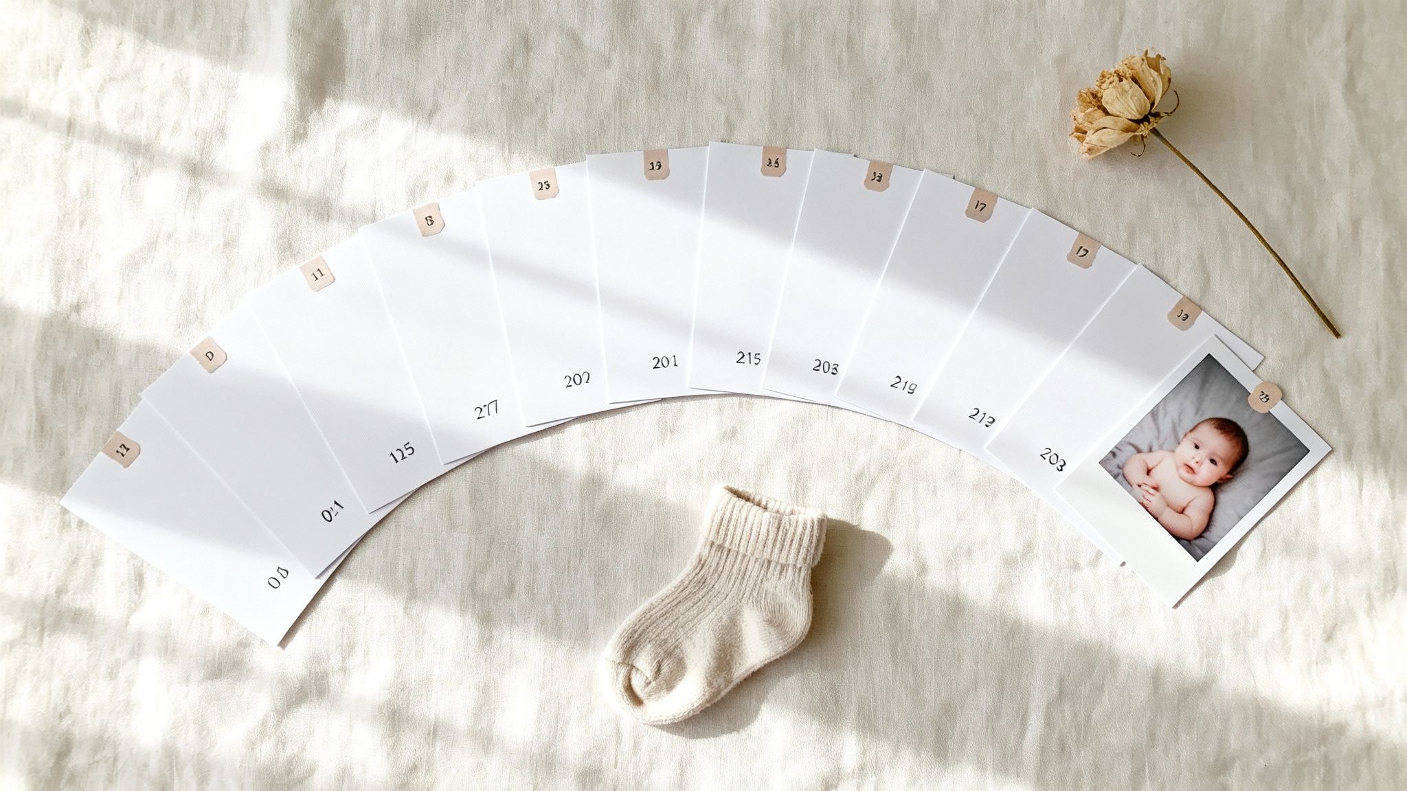 Overhead shot of baby milestone cards, a cozy sock, dried flower, and infant photo.