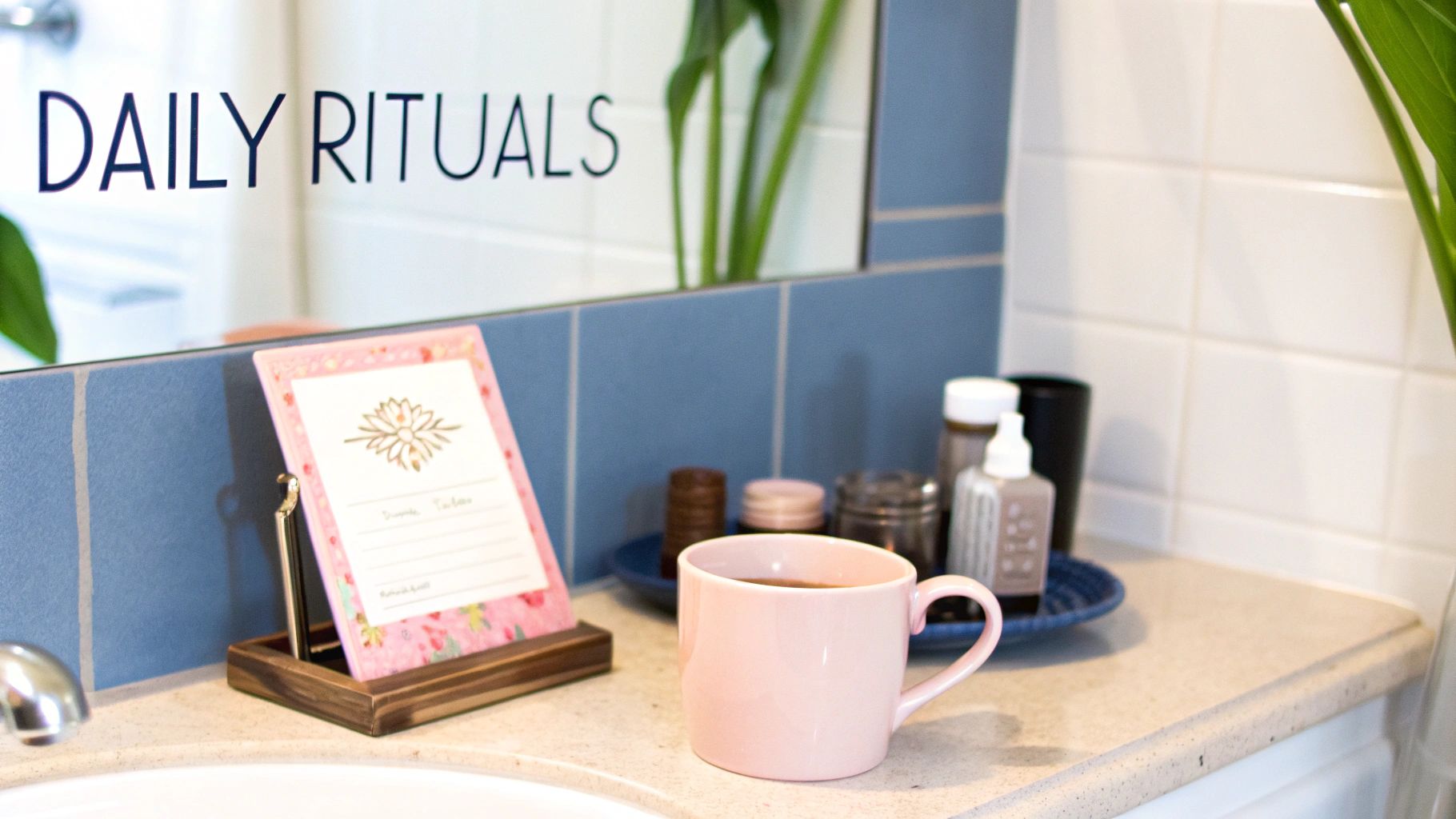 A woman places a self love affirmation card on her bathroom mirror as part of her morning routine.