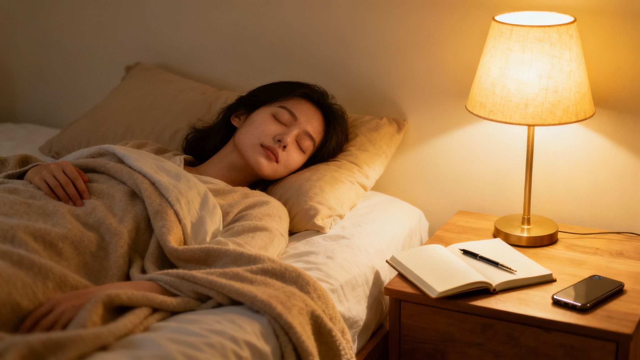 Peaceful young woman sleeping soundly in a cozy bed with a warm lamp and notebook.
