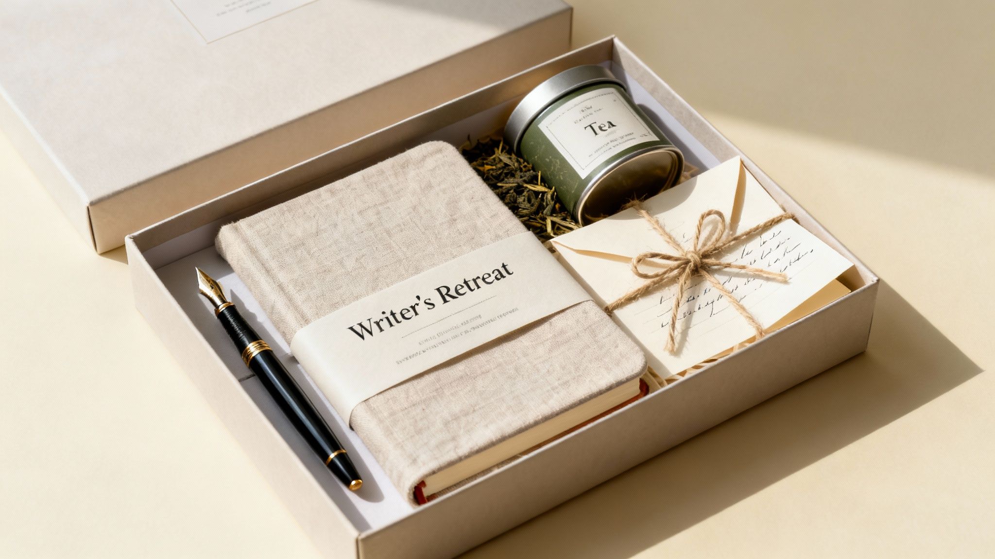 An open self-care gift box containing a 'Writer's Retreat' notebook, fountain pen, loose leaf tea, and a tied envelope.
