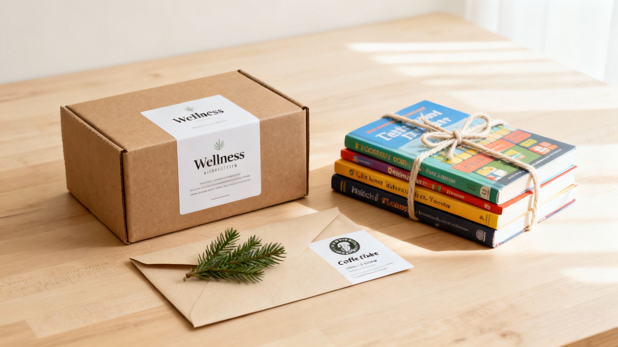 A thoughtful gift set featuring a wellness box, colorful books tied with twine, and an envelope with a pine sprig on a wooden table.