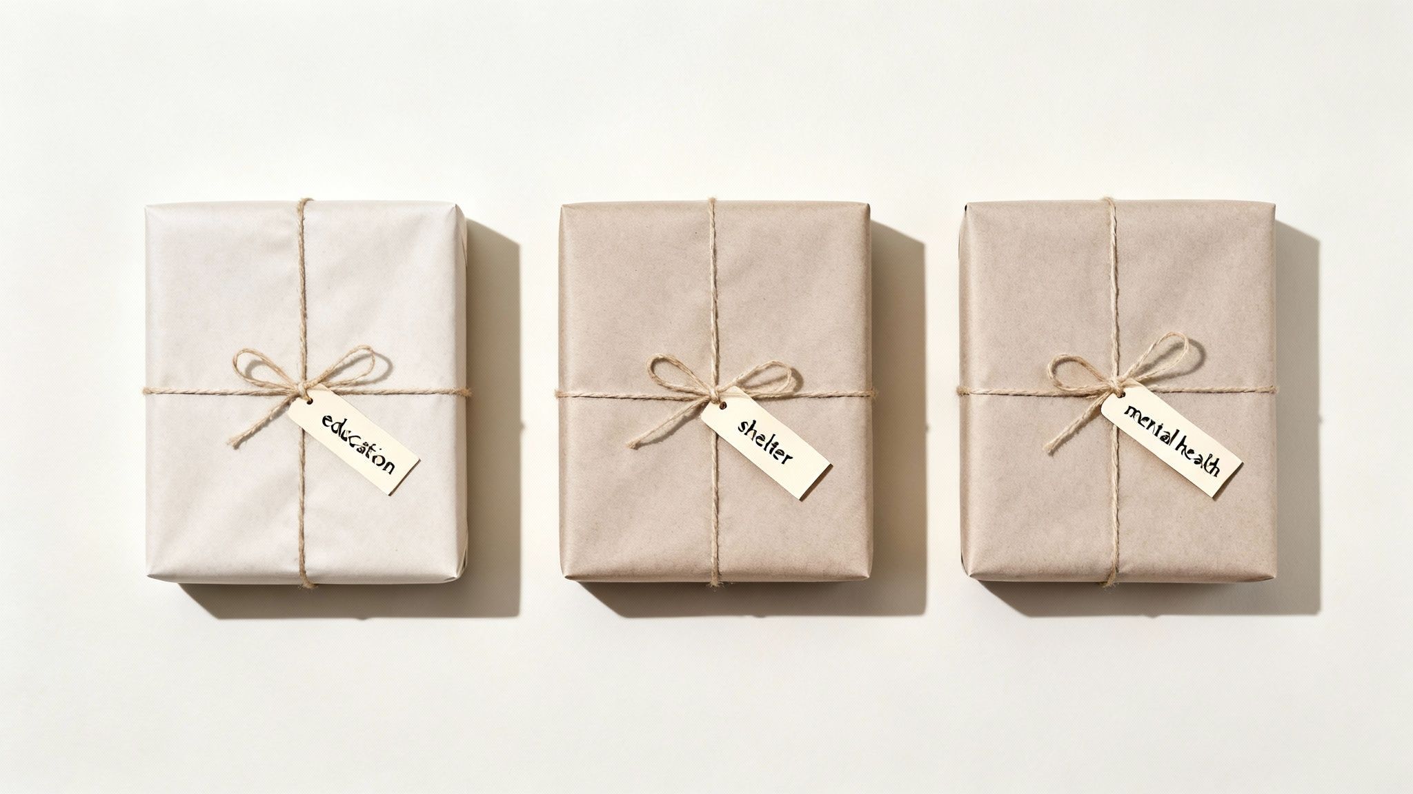 Three gift-wrapped packages with tags for education, shelter, and mental health on a white background.