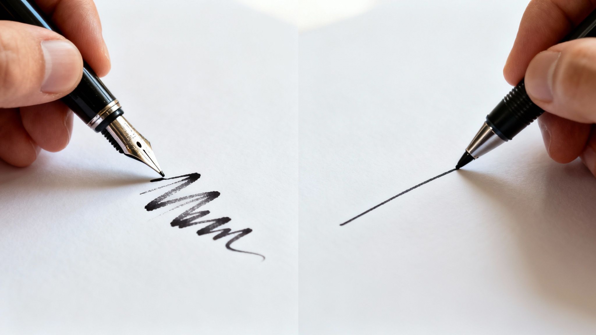 Two hands writing on white paper, one with a fountain pen, the other with a fineliner, showing different strokes.