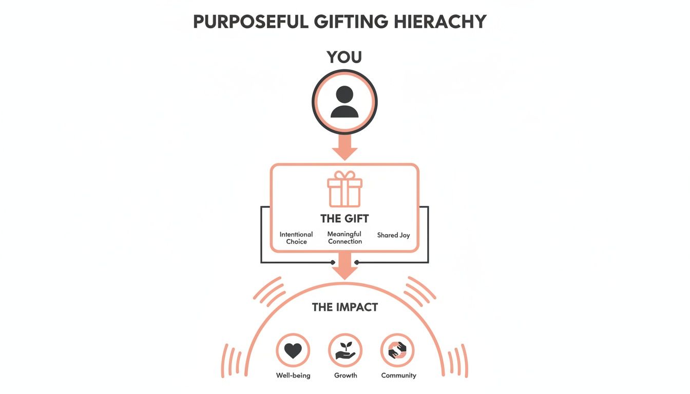 A diagram showing the purposeful gifting hierarchy from you to the gift and its positive impact.