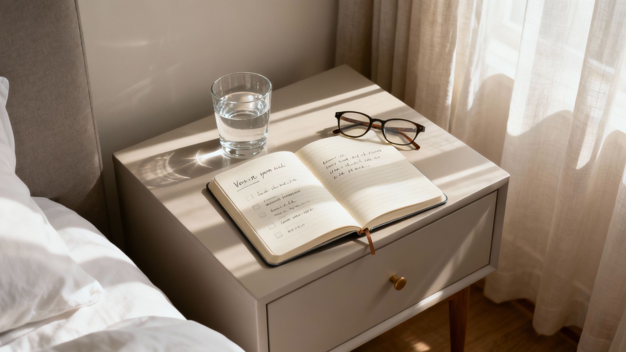 A person mindfully preparing a cup of tea in a calm, organized kitchen, representing an intentional daily routine.